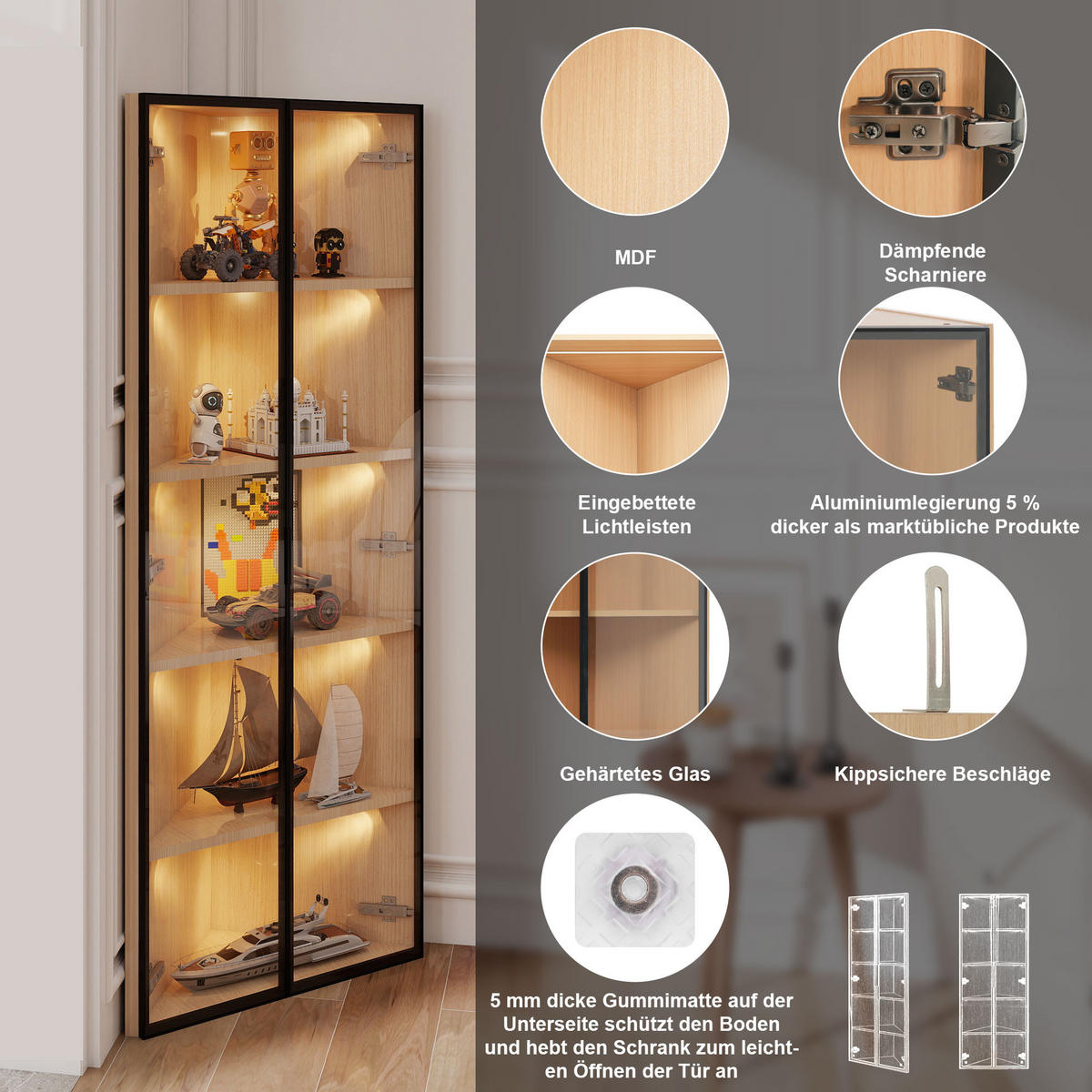 VITRINE 62cm Eiche Glas LED Eckvitrine modern - Eichefarben, Holzwerkstoff (62/160/35cm) - FLIEKS