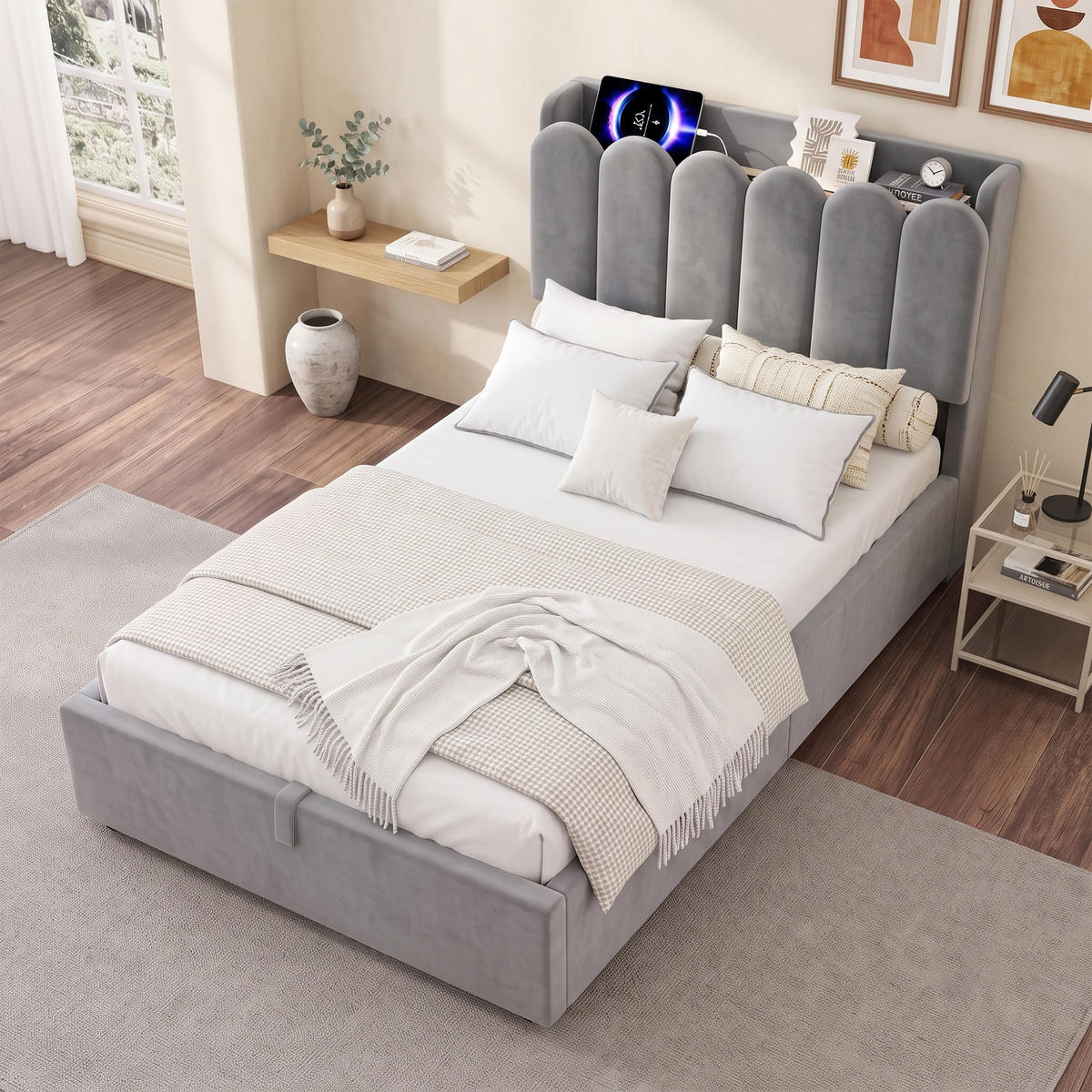 POLSTERBETT 90/200 mit Bettkasten, USB, Type-C und Leselampe in Grau - Grau, Holzwerkstoff/Textil (90/200cm) - EVRYAE