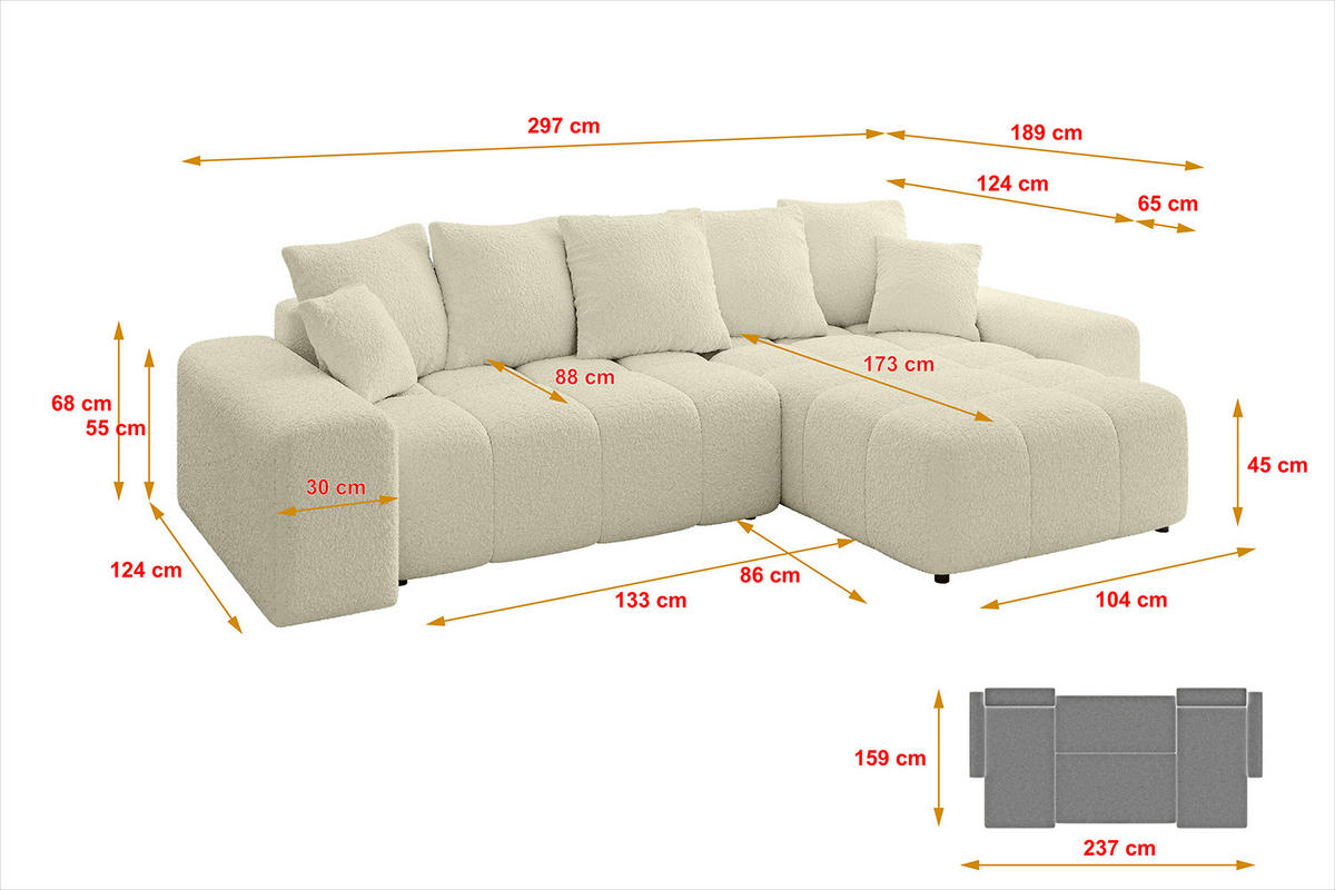 ECKSOFA Ottomane rechts ENIL-L 297x189x68 Beige Bouclé - Creme, Holzwerkstoff/Kunststoff (189/297cm) - ALTDECOR