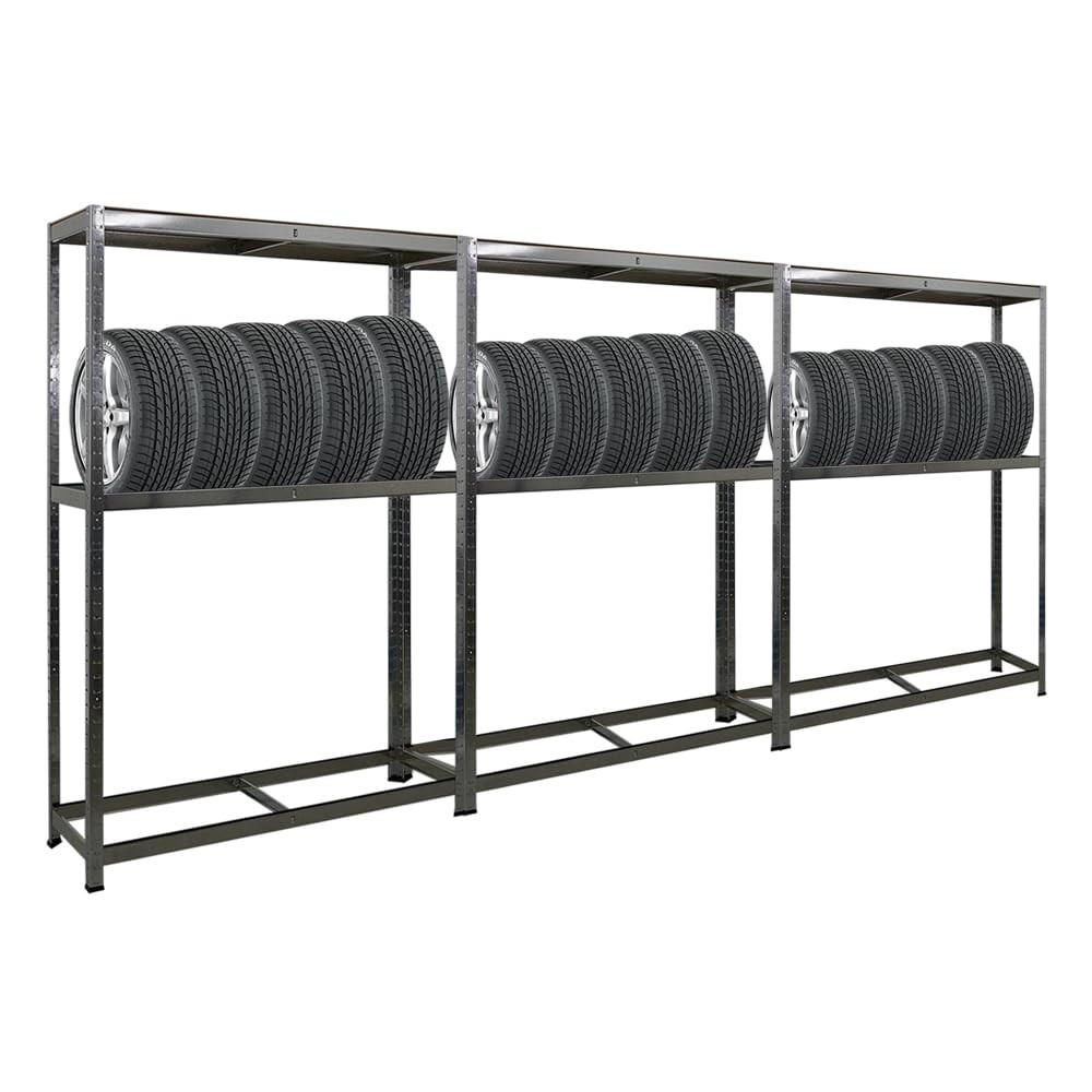 REIFENREGAL Ragnar 3er-Set mit 3x 180x120x40 cm bis zu 8 Reifen auf 2 Ebenen + Ablage 265 kg Fachlast Verzinkt - Silberfarben, Metall (360/180/40cm) - PROREGAL
