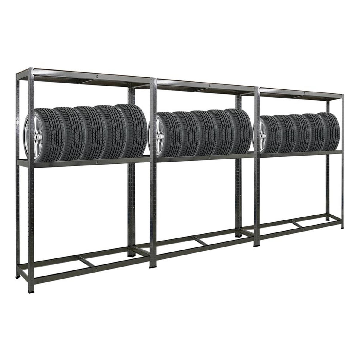 REIFENREGAL Ragnar 3er-Set mit 3x 180x120x40 cm bis zu 8 Reifen auf 2 Ebenen + Ablage 265 kg Fachlast Verzinkt - Silberfarben, Metall (360/180/40cm) - PROREGAL