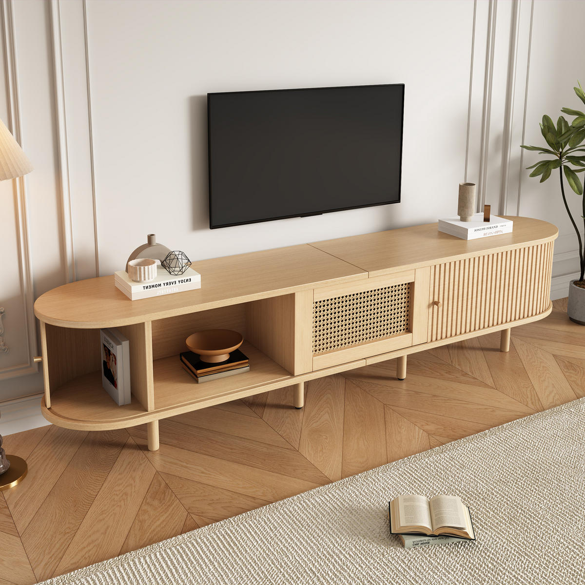 LOWBOARD Holzoptik Rattan Oval mit Schiebetür & Schublade für 75 Zoll TV - Naturfarben, Holzwerkstoff (180/40/40cm) - Urban Meuble