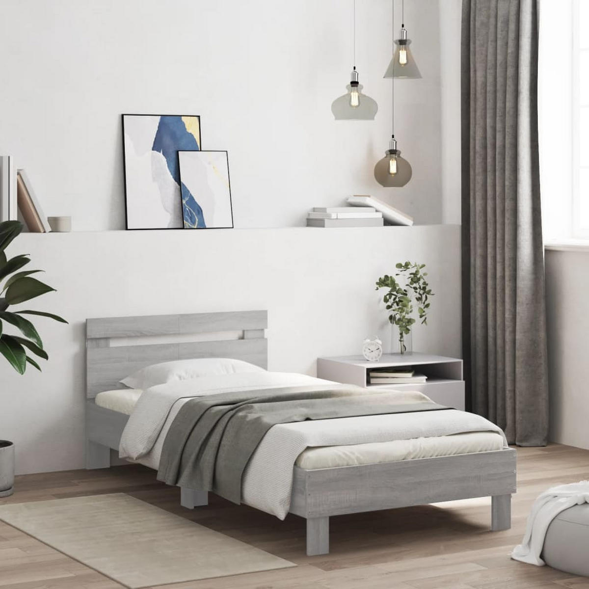 BETTGESTELL Mit Kopfteil Und Led-Leuchten Grau Sonoma 100/200Cm - Grau, Holzwerkstoff (100/200cm) - vidaXL
