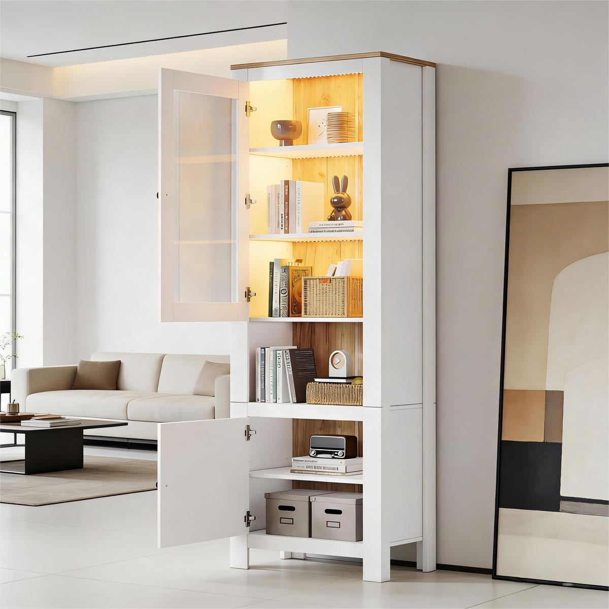 BUFFET mit Glastür und LED Hochschrank mit Stauraum für Wohnzimmer Weiß Natur 70x40x188 cm - Transparent/Weiß, Glas/Holzwerkstoff (70/188/40cm) - EVRYAE