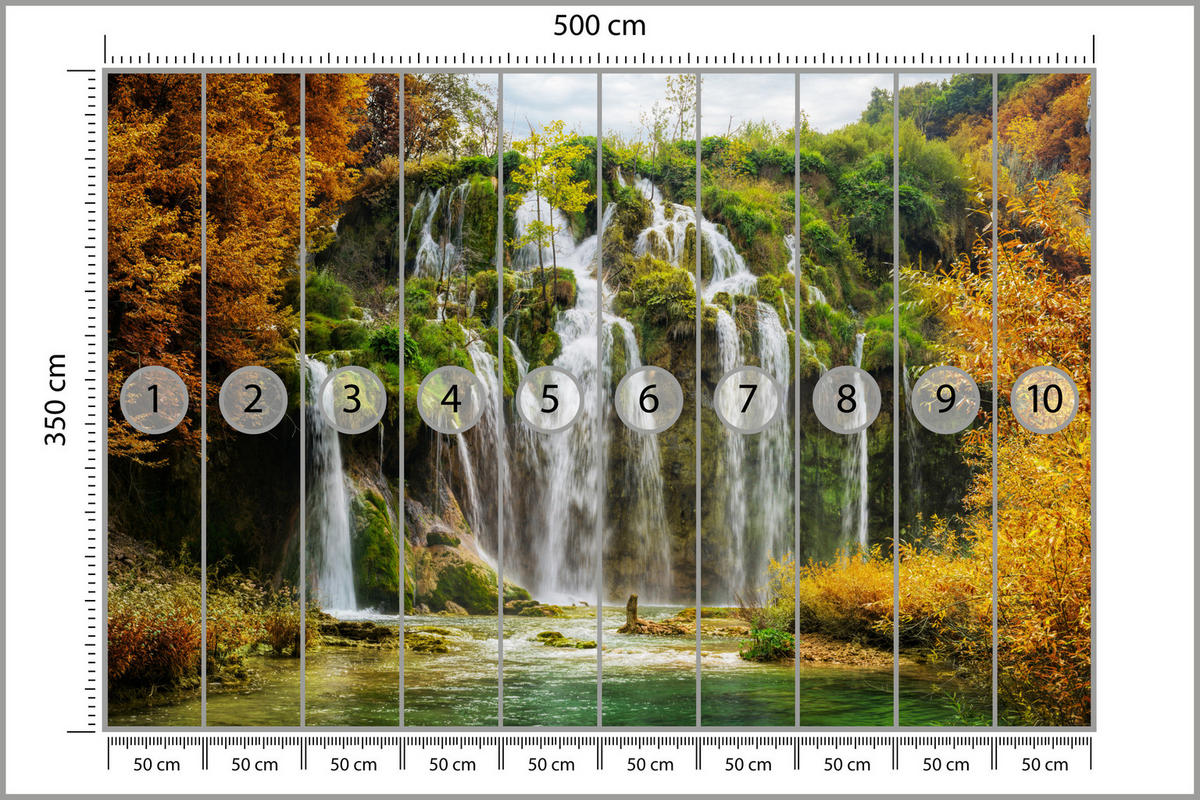 FOTOTAPETE für Esszimmer Exotischer Wasserfall Herbstbaum 500x350 - Gelb/Beige, Papier (500/350cm) - Muralo