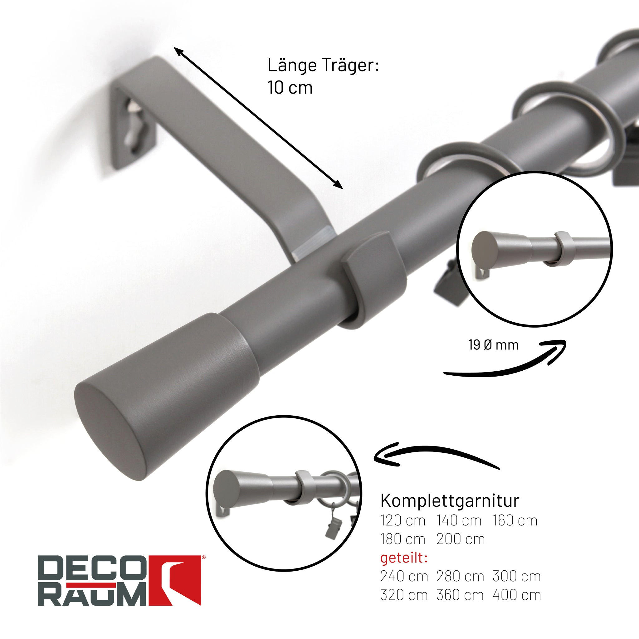 GARDINENSTANGE 1-lauf Kegel - Grau, Metall (120cm) - Deco-Raum