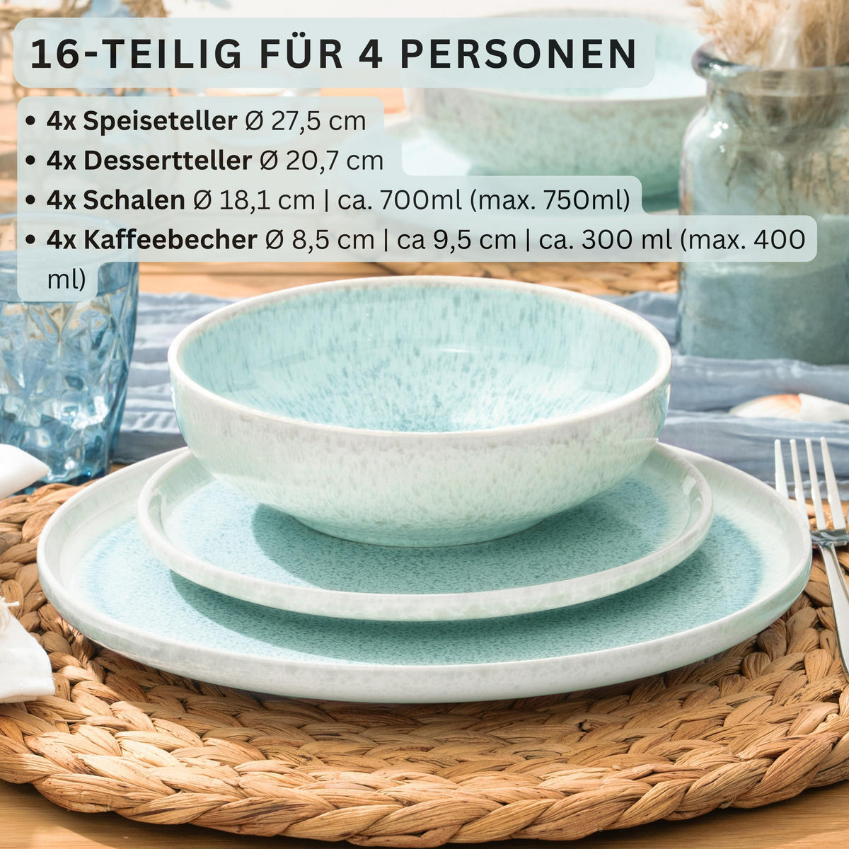 KOMBISERVICE PAROS - 16 teilig aus Steingut - Türkis, Stein (27/27/27cm) - Sänger