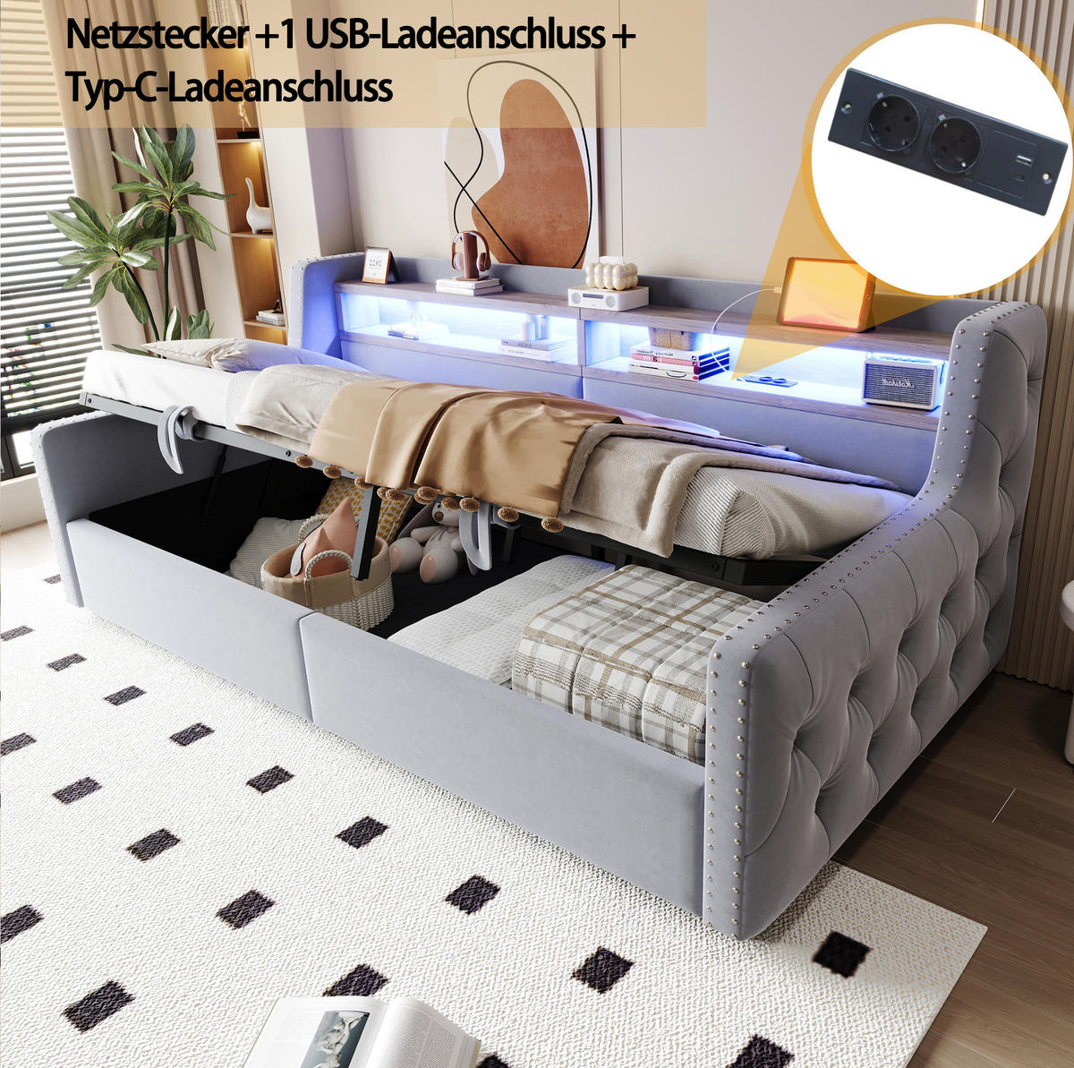 SCHLAFSOFA 90/200 cm hellgrau aus Samt mit LED, Stauraum und USB - Hellgrau, Textil (90/200cm) - OKWISH