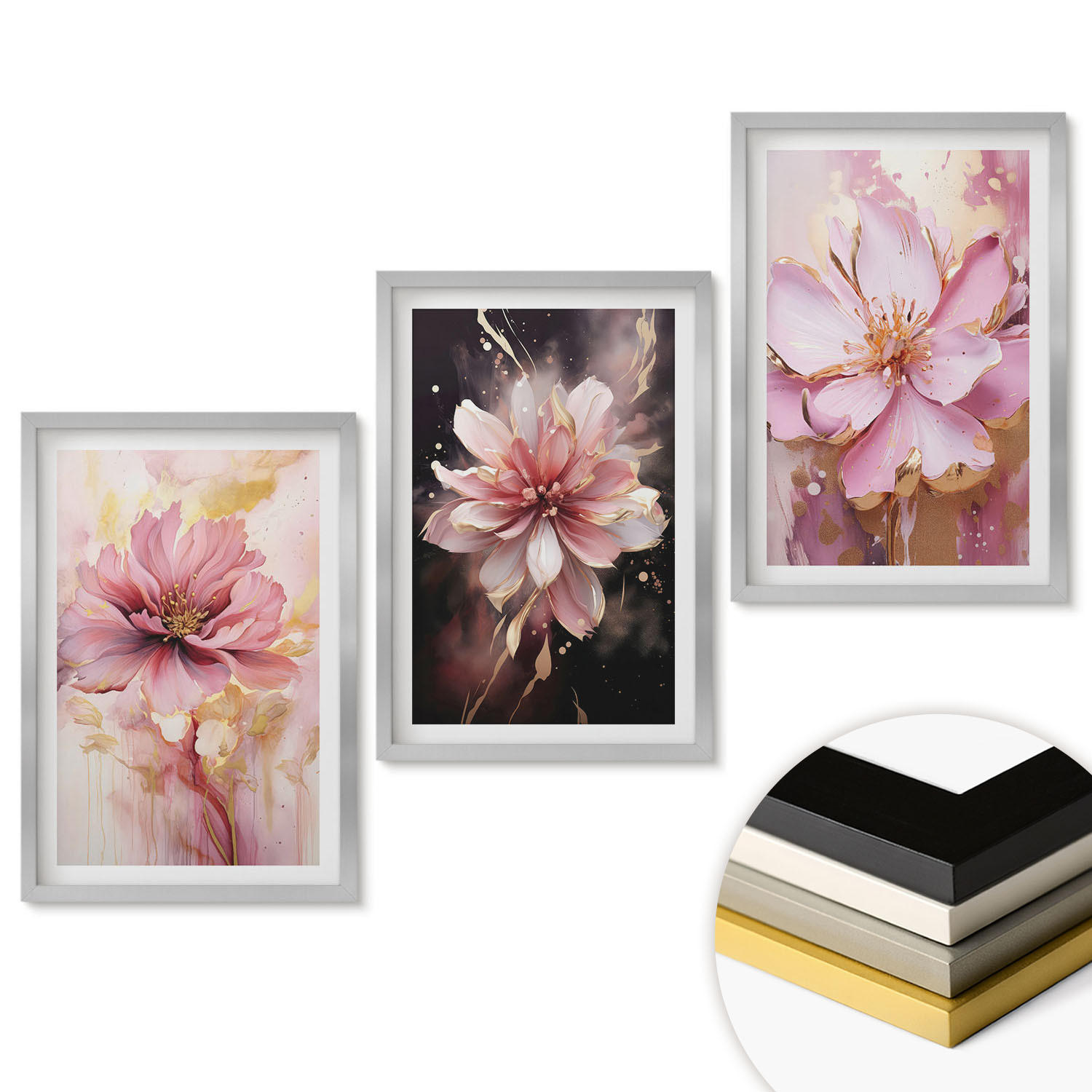 WANDBILDER 3er Set - 40x60 cm Silberner Rahmen - Blumenkompositionen aus Rosen und Weiß - Silberfarben, Kunststoff (40/60cm) - ArtPrintCave
