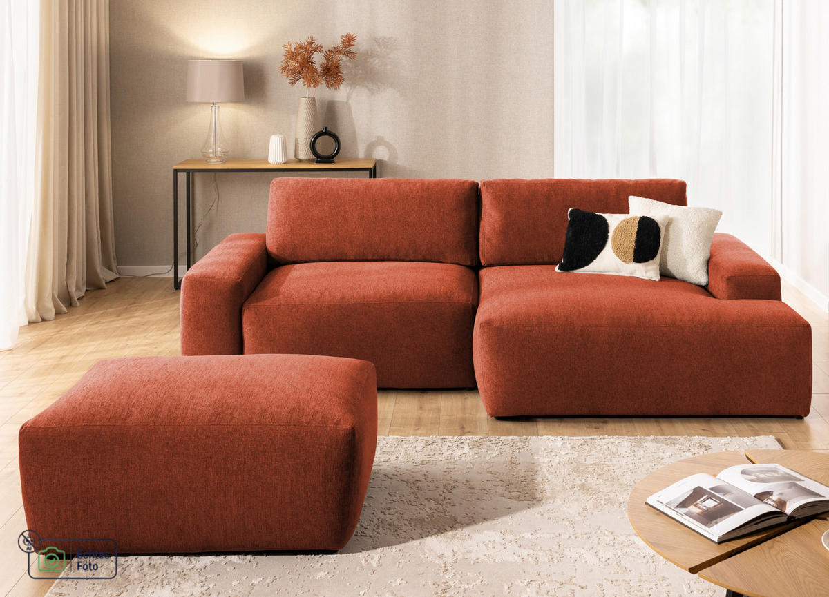 ECKSOFA inkl. Hocker Lennon aus Terrakotta Strukturstoff mit Schlaffunktion und Bettkasten - Terracotta/Schwarz, Holz/Kunststoff (264/137cm) - S-Style