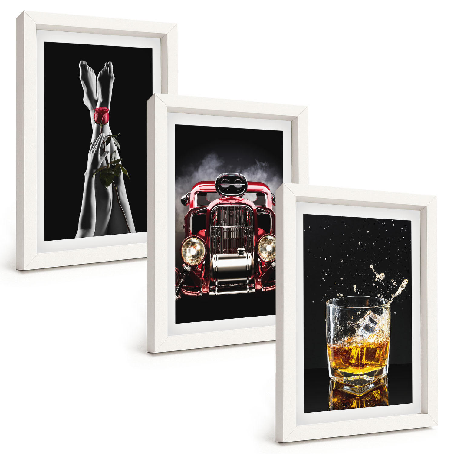 BILDER SET 3er Set - 20x30 cm Weißer Rahmen - Frauenbeine Rosenauto Whisky - Weiß, Kunststoff (20/30cm) - TULUP