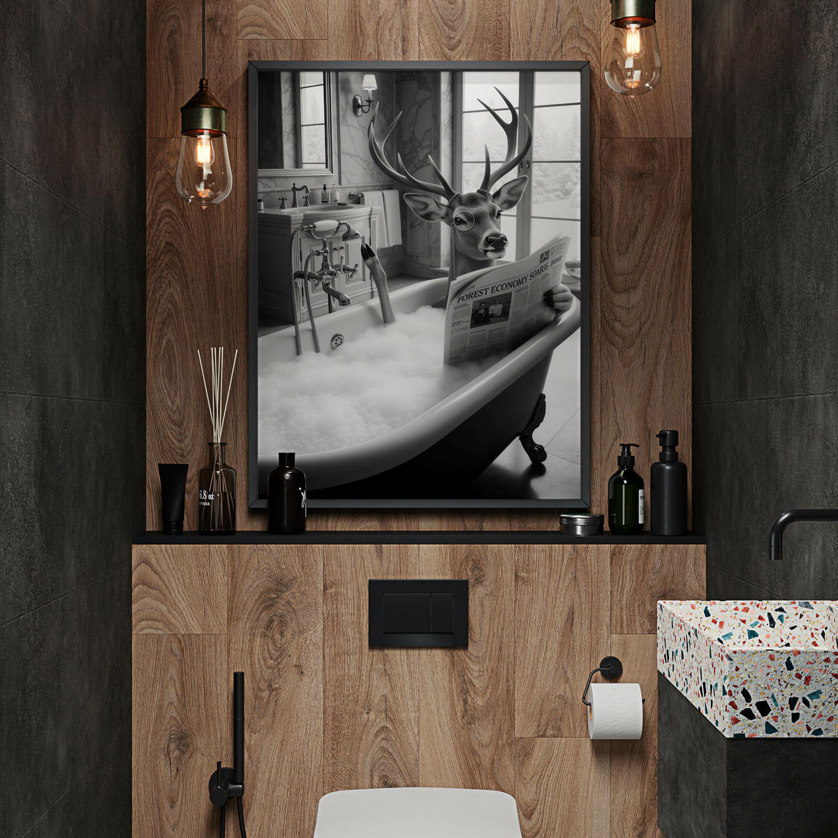 POSTER für Badezimmer WC Rehe HIRSCH in Badewanne Zeitung Abstraktion 20x30cm - Schwarz/Weiß, Papier (20/30/1cm) - Muralo