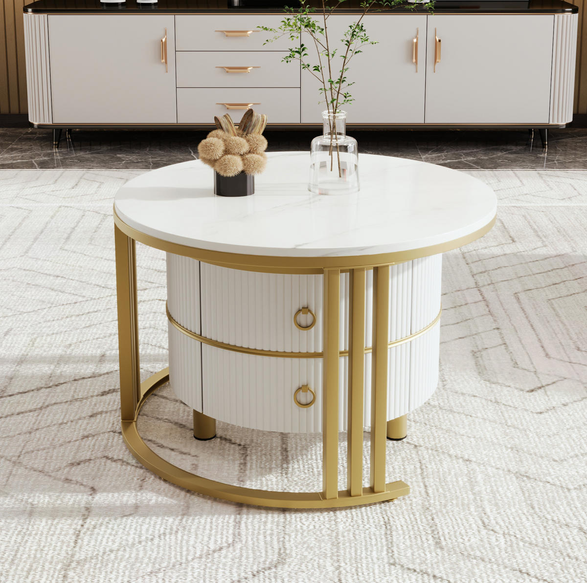 COUCHTISCH-SET 70/70/46 + 50/50/40 cm in Weiß mit Marmordekor und 2 Schubladen - Goldfarben/Weiß, Holzwerkstoff (70/70/46cm) - Flora Grace