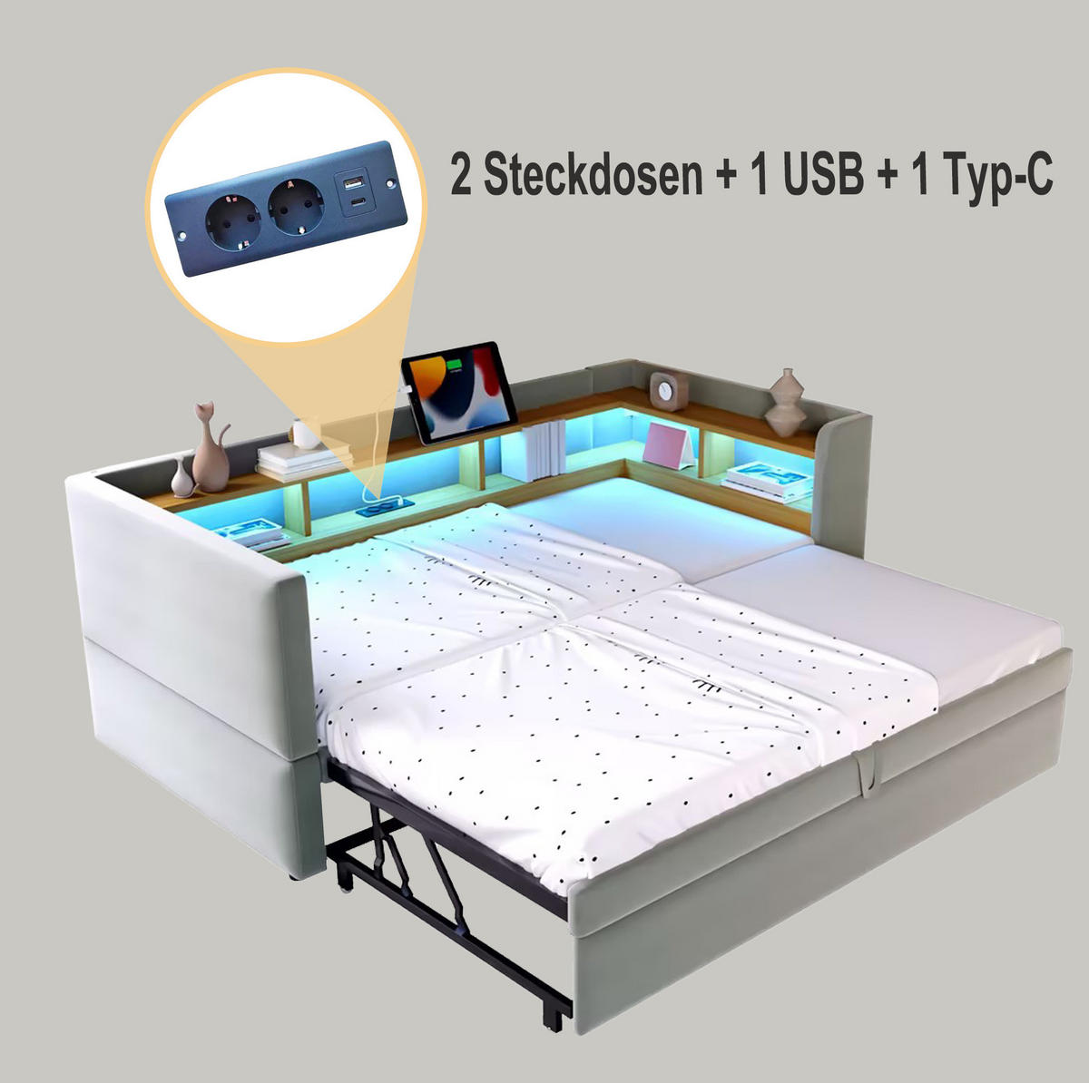 ČALÚNENÁ posteľ z flanelu 90x190 cm svetlosivá s LED osvetlením, zásuvkami a úložnými priehradkami - svetlosivá, textil (90/190cm) - Modfu