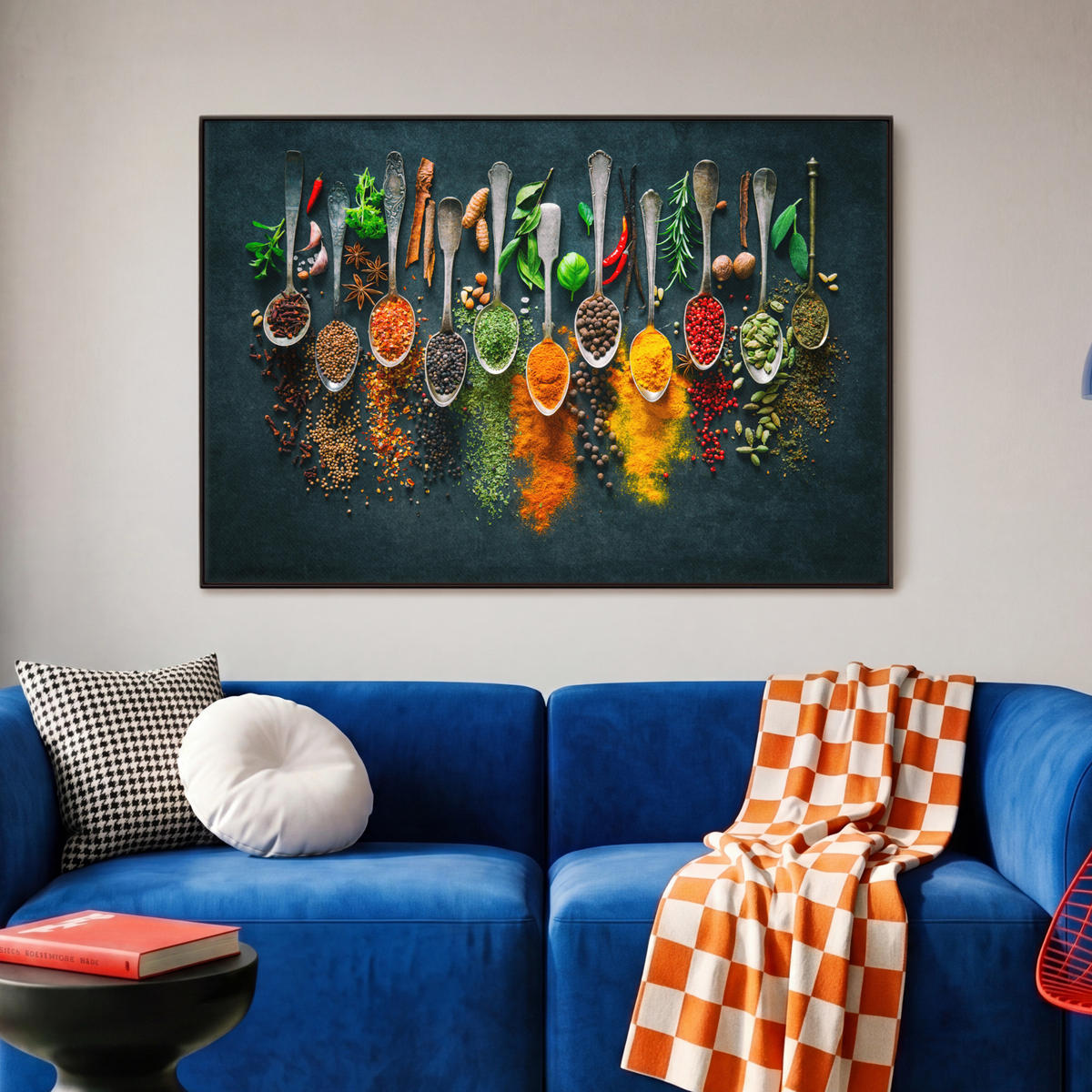 LEINWAND Bilder mit Rahmen - Kräuter - Gewürze - Löffel - 90x60 - Currygelb, Textil (90/60cm) - MuchoWow