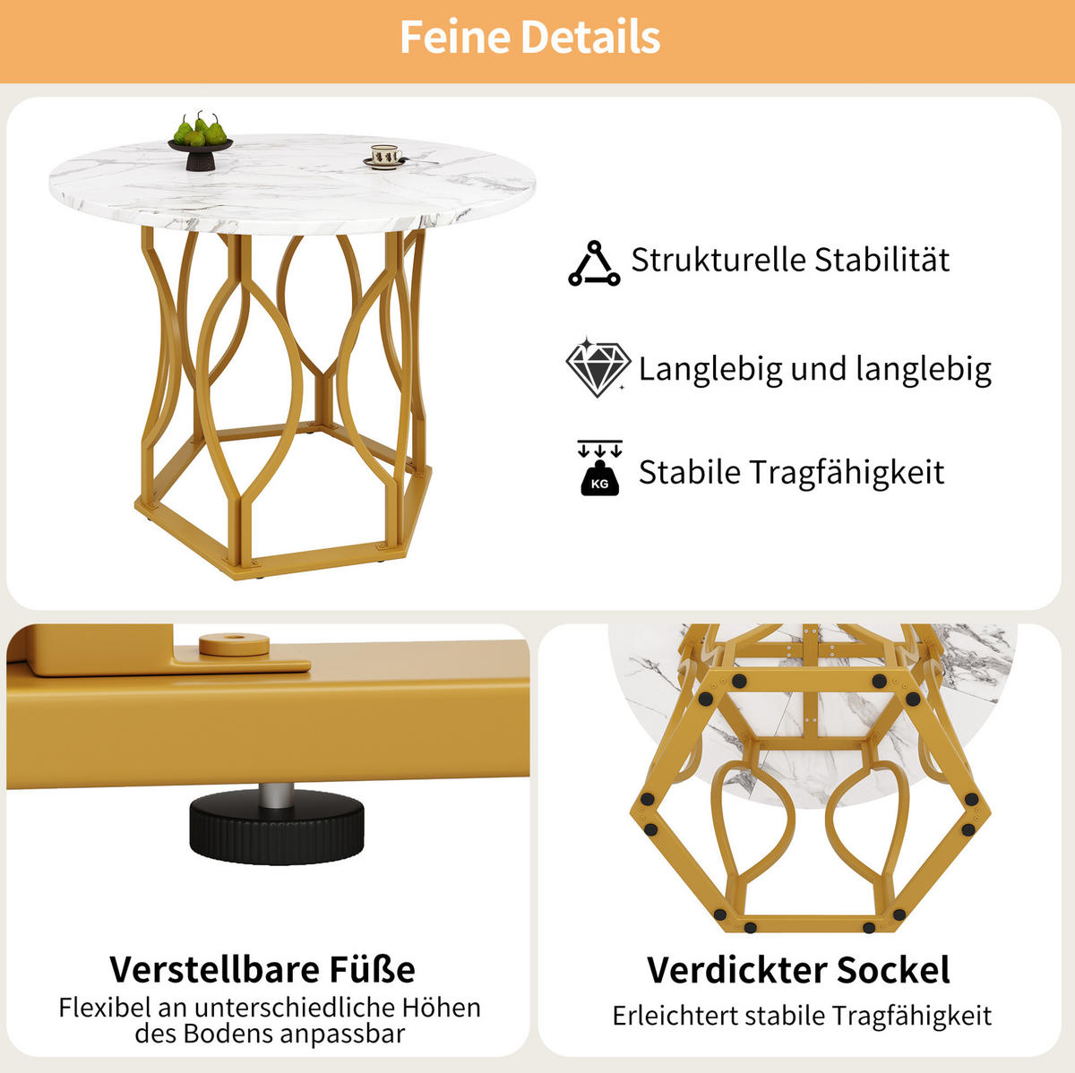 ESSTISCH rund 100x100 cm MDF Weiß/Gold - Goldfarben, Metall (100/100/76cm) - Meubliv