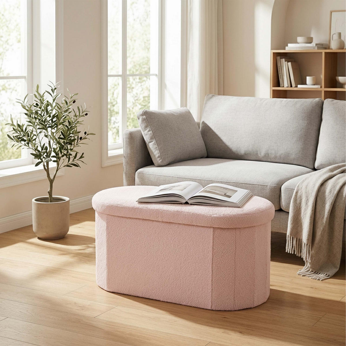 LAVICE Růžová s úložným prostorem teddy čalounění 76 cm - růžová, kompozitní dřevo/textil (76/38/38cm) - Relaxdays