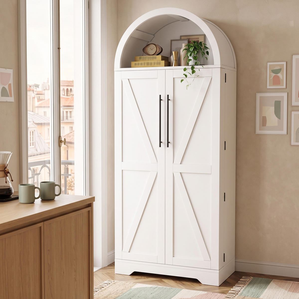 HIGHBOARD Bogenschrank Weiß 165x70x40cm mit Türablagen & offenem Fach Landhausstil - Weiß, Holzwerkstoff (70/165/40cm) - Urban Meuble