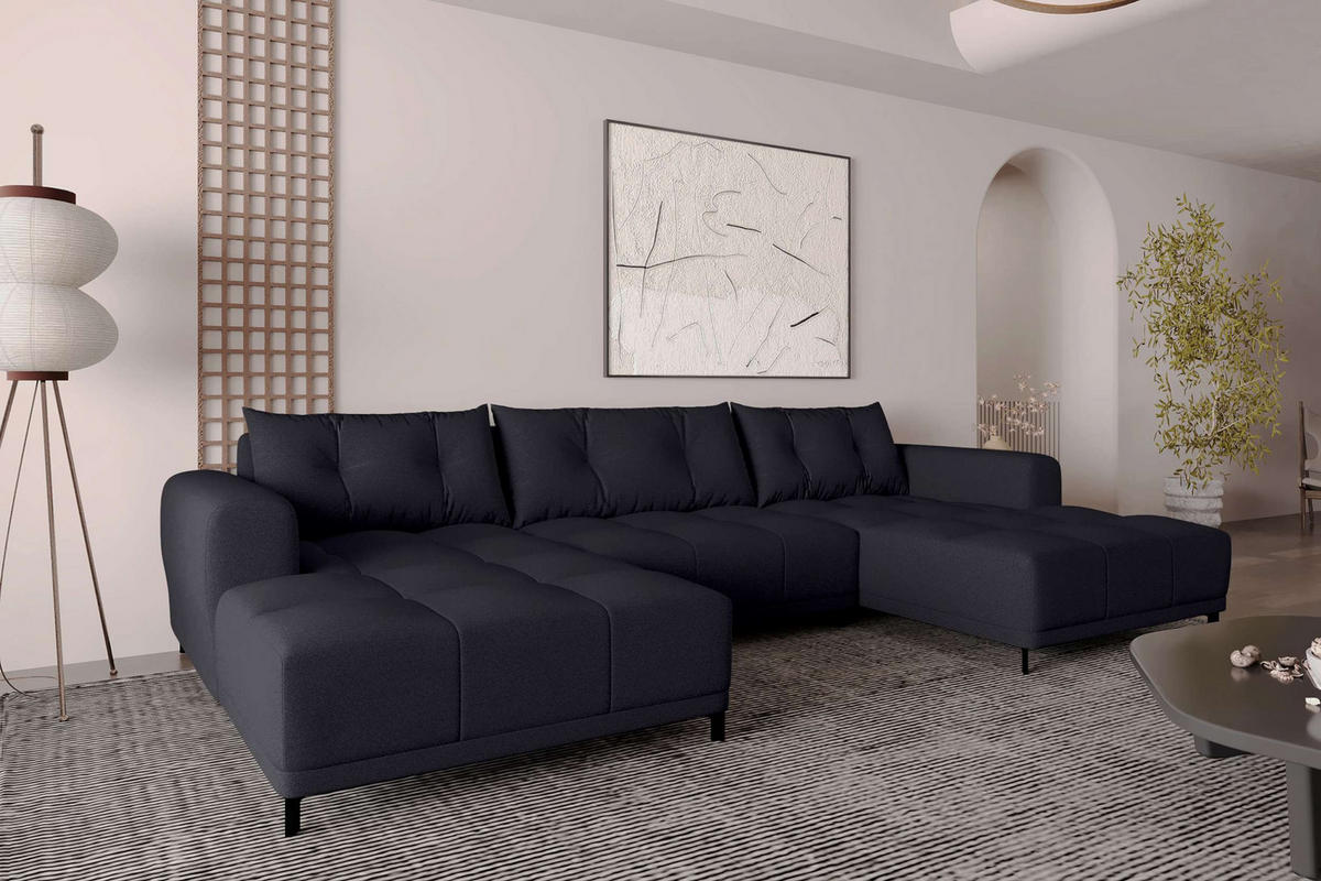 WOHNLANDSCHAFT Strukturstoff Schwarz inkl. Schlaffunktion - Schwarz, Textil/Metall (348/94/181cm) - 99rooms