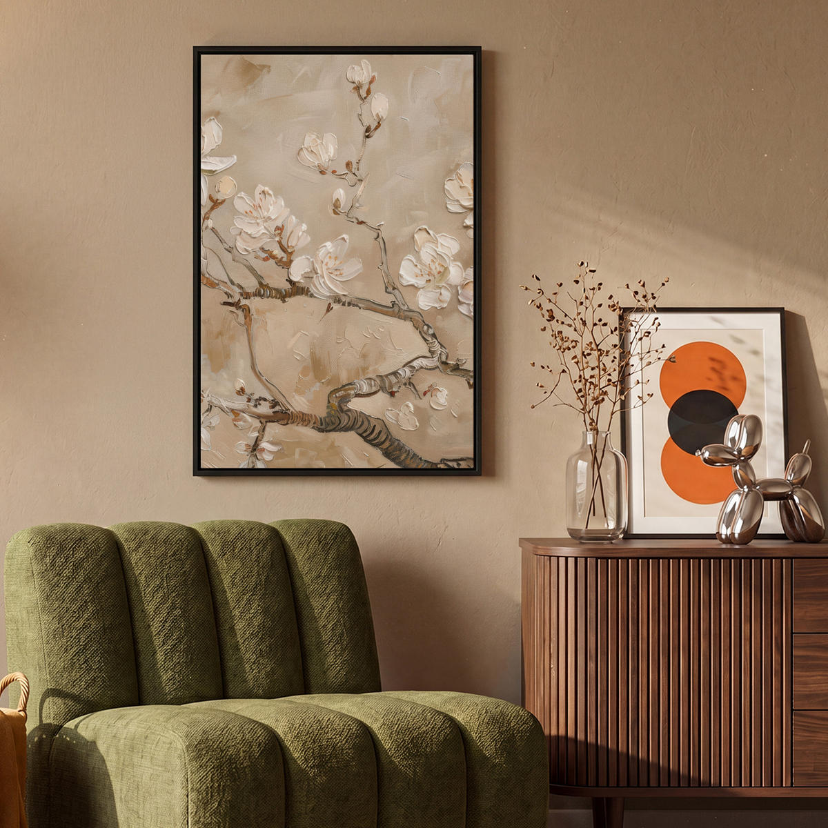LEINWAND Bilder mit Rahmen - Blumen - Modern - Beige - Weiß - Blüte - 60x90 - Beige, Textil (60/90cm) - MuchoWow