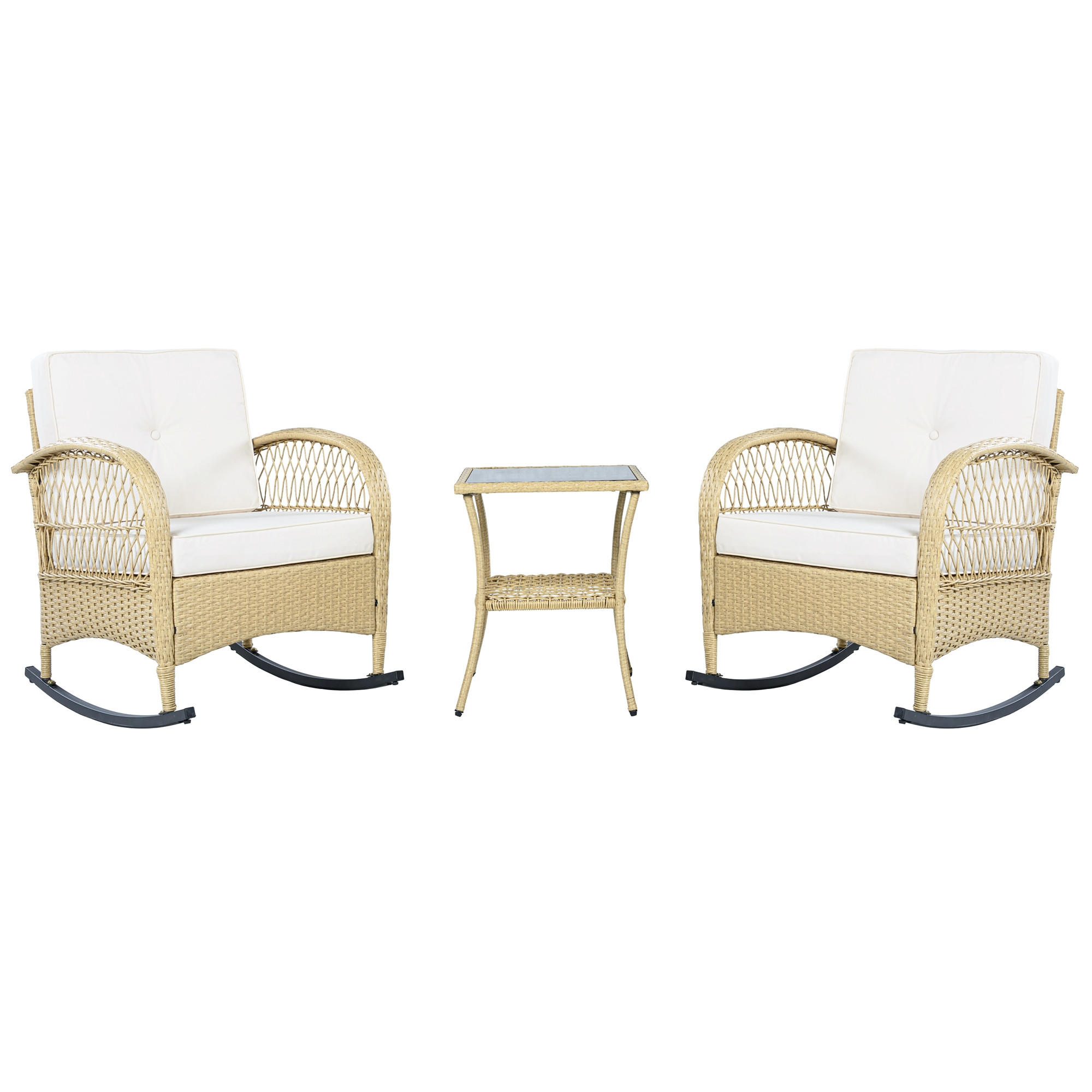 SCHAUKELSTUHLSET Rattan Schwarz/Beige 3-tlg. - Beige, Metall - ComfortXL