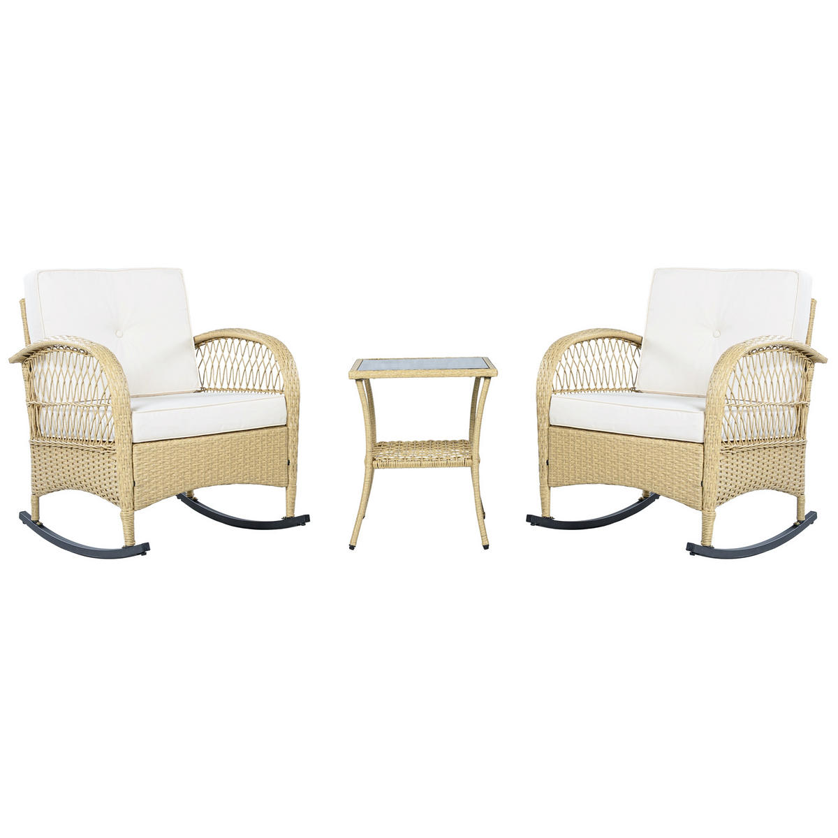 SCHAUKELSTUHLSET Rattan Schwarz/Beige 3-tlg. - Beige, Metall - ComfortXL