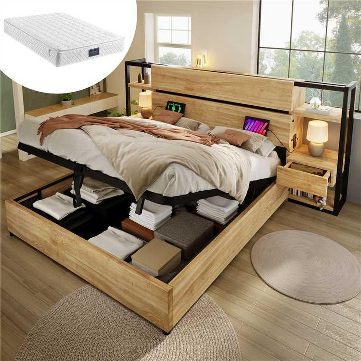 BETT 160/200 cm in Eiche & Schwarz mit Bettkasten, 2 Schubladen, Regal und USB, Type-C - Eichefarben, Holz/Holzwerkstoff (160/200cm) - WISHDOR