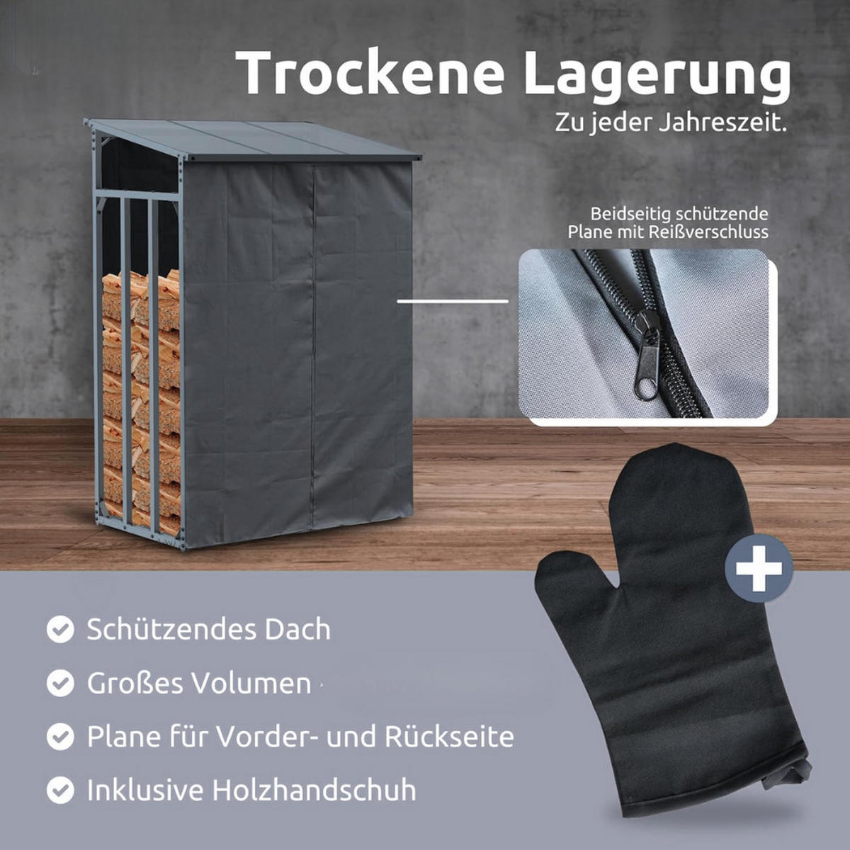 KAMINHOLZREGAL Außen mit Dach ELOS 140x70x145 cm inkl. Ofenhandschuh - Anthrazit, Metall (140/145/70cm) - DELUKE