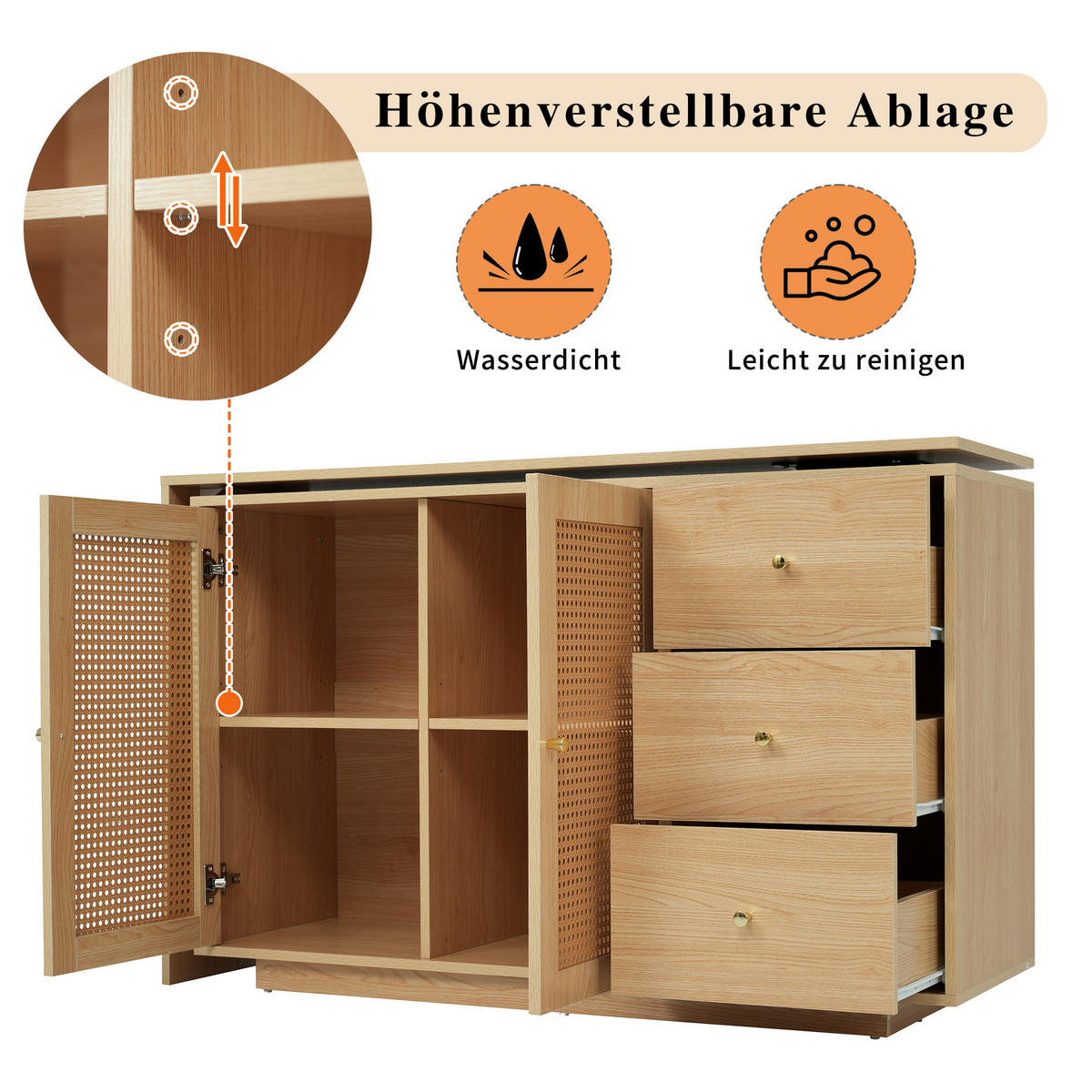 SIDEBOARD mit Türen & Schubladen in Eichenoptik - Eichefarben, Holzwerkstoff (126/75/40cm) - Urban Meuble
