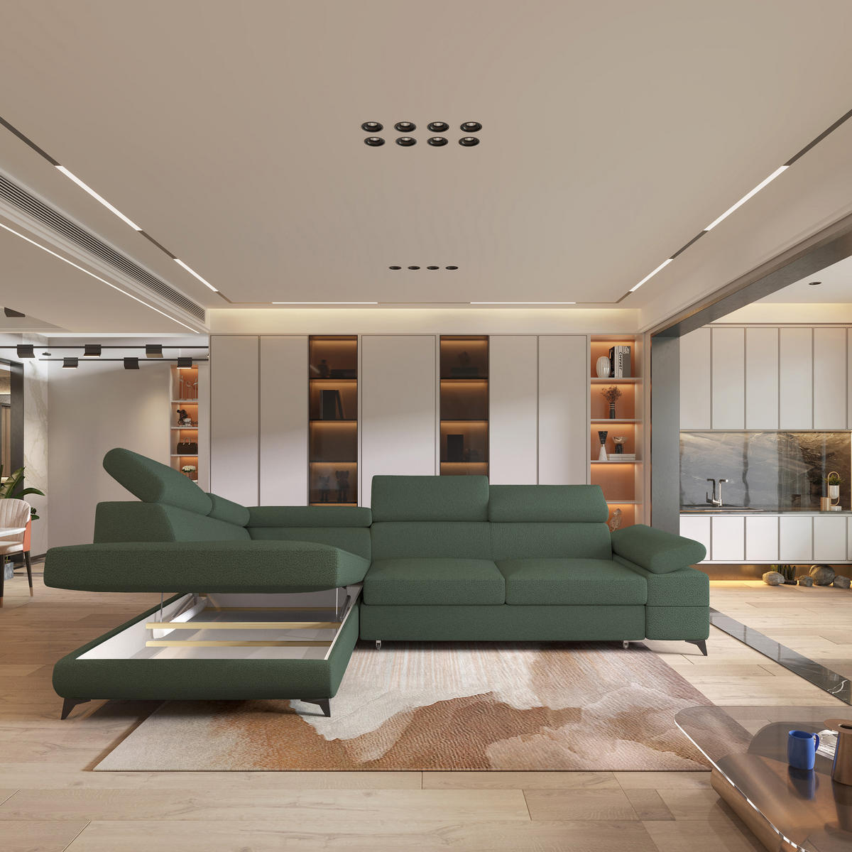 ECKSOFA FAVIEN L-S Grün Boucle-Stoff mit Schlaffunktion - Grün, Holz (257/190cm) - MASSENO