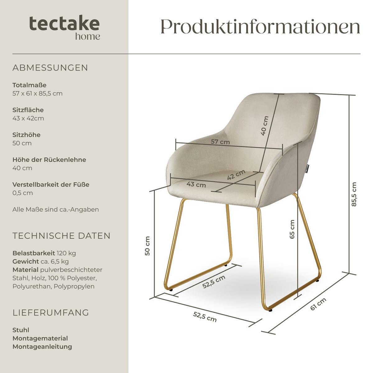 ESSZIMMERSTUHL Jeane,57 x 61 x 85,5 cm, Belastbarkeit 120 kg,Samtoptik creme/gold - Goldfarben/Samtahornfarben, Kunststoff (57/85.5/61cm) - tectake