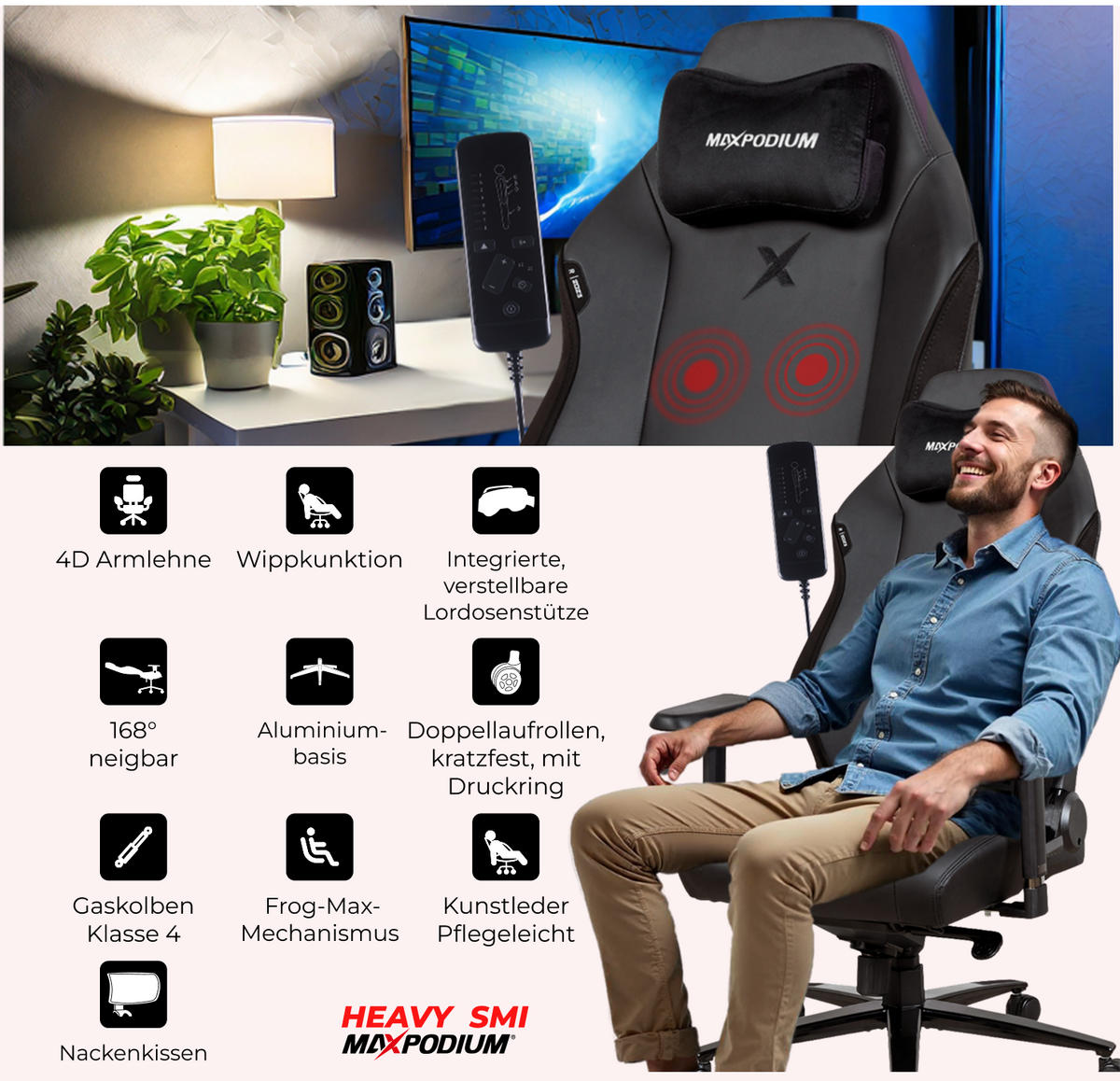 GAMING-BÜROSTUHL Heavy SMI Schwarz - Schwarz, Metall (55/137/49cm) - MaxPodium
