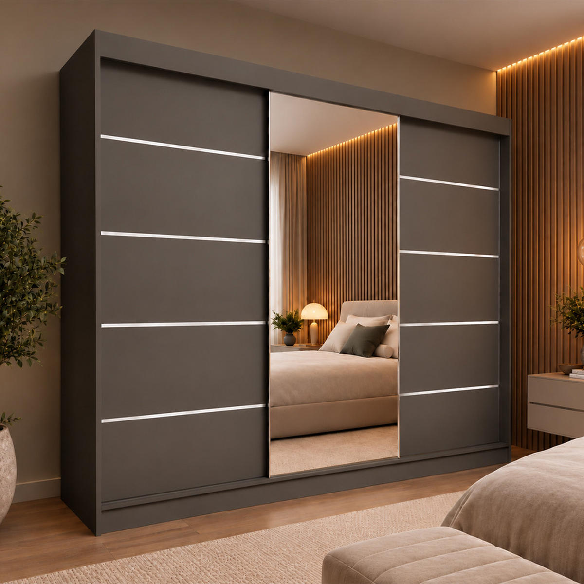 KLEIDERSCHRANK Malika 240 cm Graphit Spiegel 4 Schubl. Griffe silber - Graphitfarben, Holzwerkstoff (240/216/61cm) - KS Home Concept