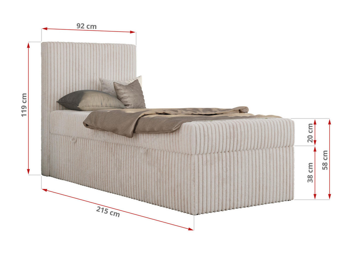 JUGENDBETT TILIO 90/200 - Beige - H4 - Rechts Seite - Beige, Textil (90/200cm) - MKS