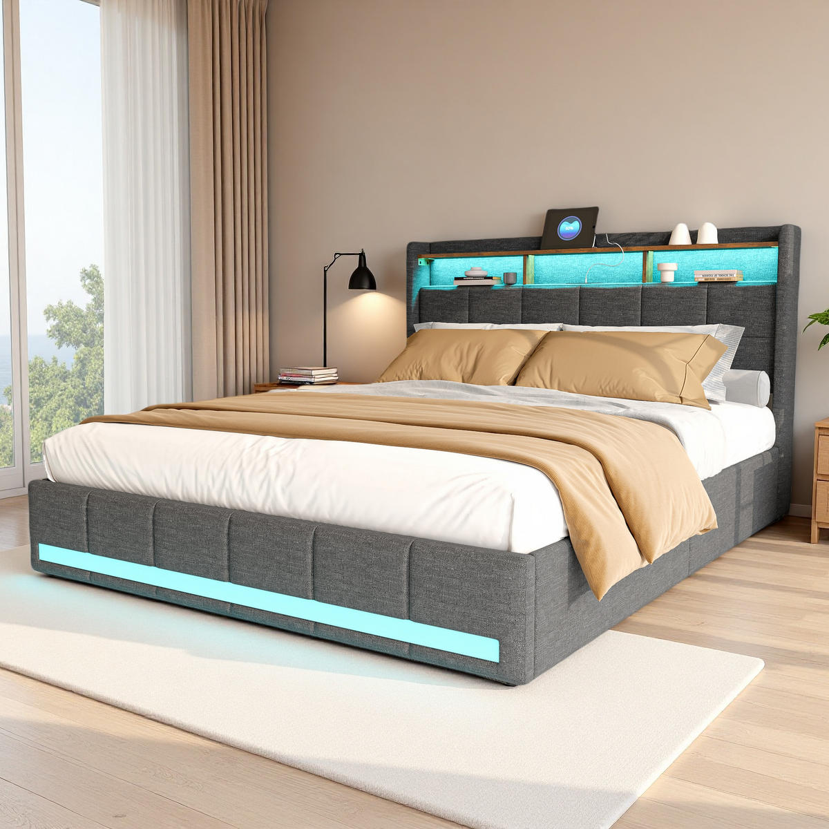 POLSTERBETT 180x200 cm Grau Leinen LED USB Typ-C 4 Schubladen - Grau, Holz (180/200cm) - SHOPENTRA