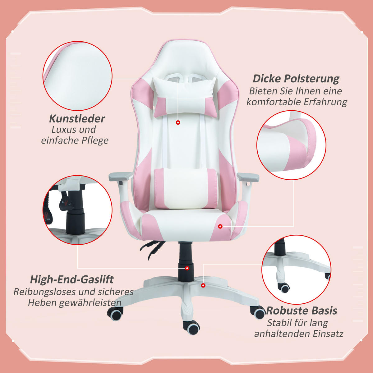 GAMING Stuhl, 3D Armlehne, Rosa - Rosa, Leder (60/128/67cm) - HOMCOM