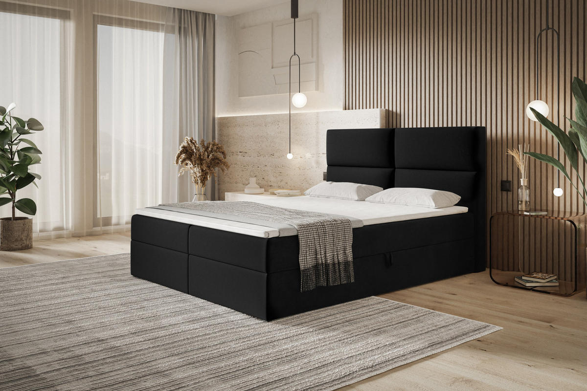 BOXBETT LIZBONA mit 2 Bettkästen, 140x200, Farbe: Schwarz, Velourstoff, Doppelbett mit Bonell-Matratze - Schwarz, Holz/Kunststoff (140/200cm) - Alpi-Möbel