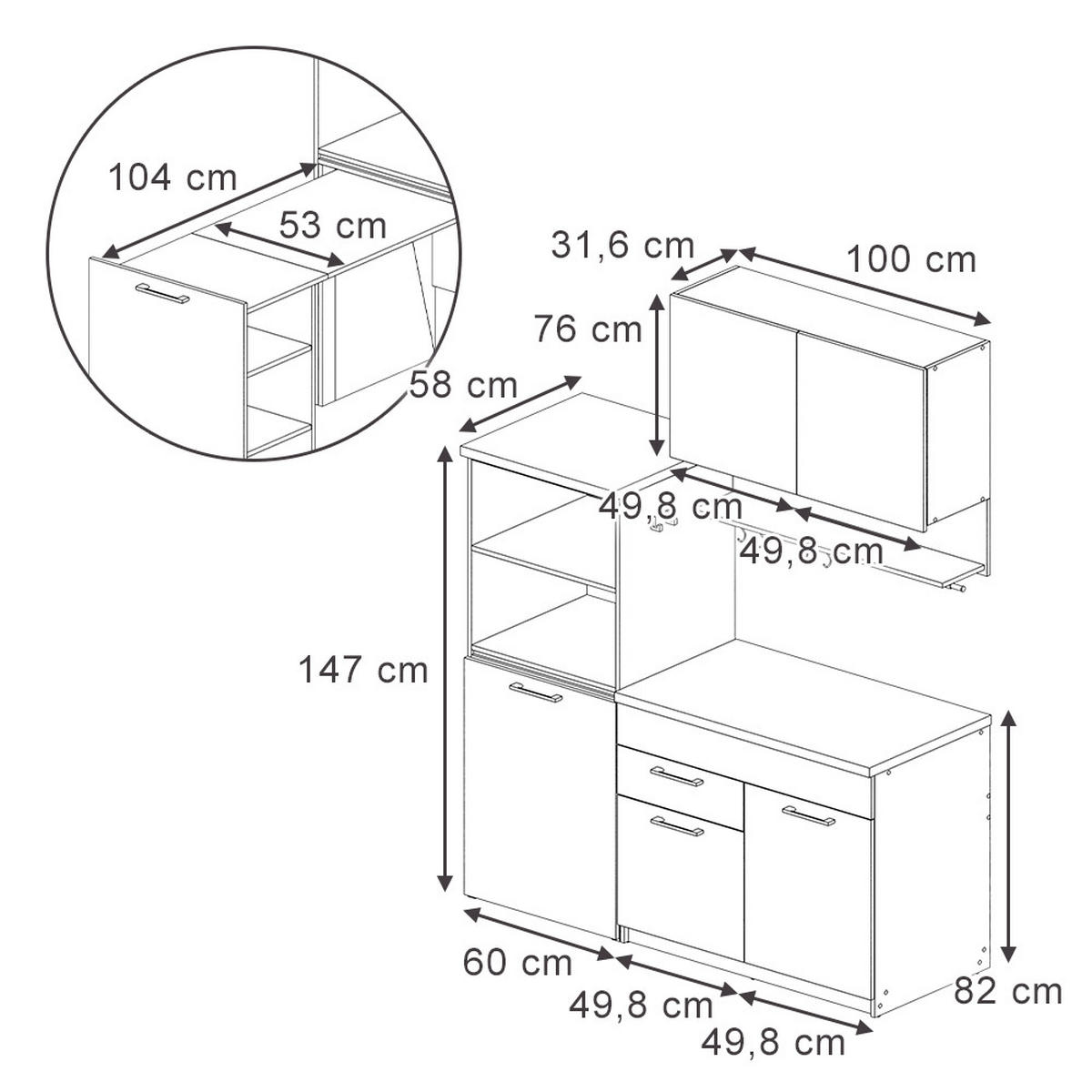 KÜCHENZEILE Egbert Anthrazit 160 cm mit ausziehbarem Tisch - Anthrazit/Eiche Wotan, Holzwerkstoff (160/81.6/60cm) - Vicco