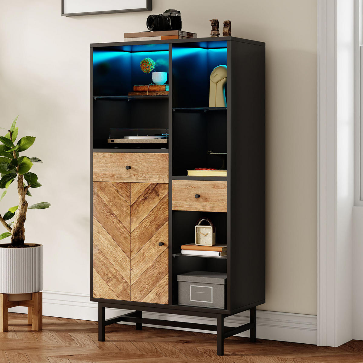 HIGHBOARD Schwarz und Holzoptik 80/40/150,5 cm - Schwarz, Holzwerkstoff (40/150.5/80cm) - Urban Meuble