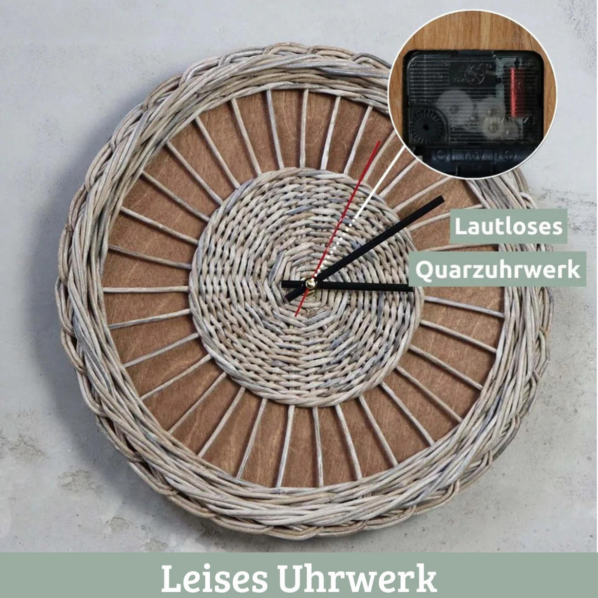 WANDUHR groß Holz RATTAN 37 cm ⌀ Massivholz Geräuschlos - Braun, Holz (37/37/4cm) - DELUKE