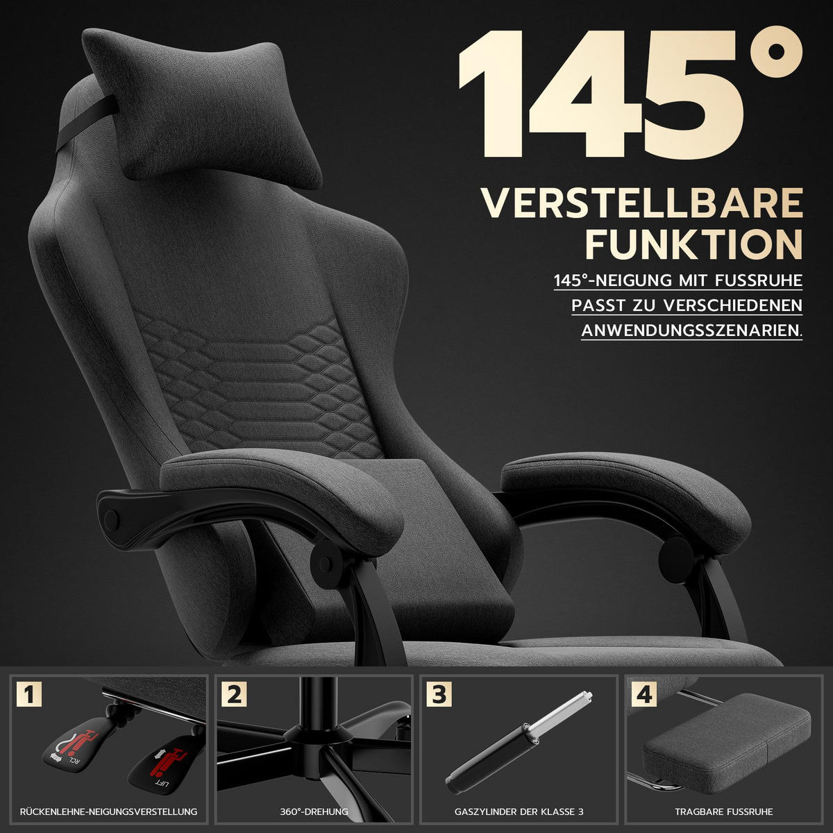 GAMING-STUHL ergonomischer, Bürostuhl mit Fußstütze & Lendenstütze - Grau, Textil (65/114/65cm)