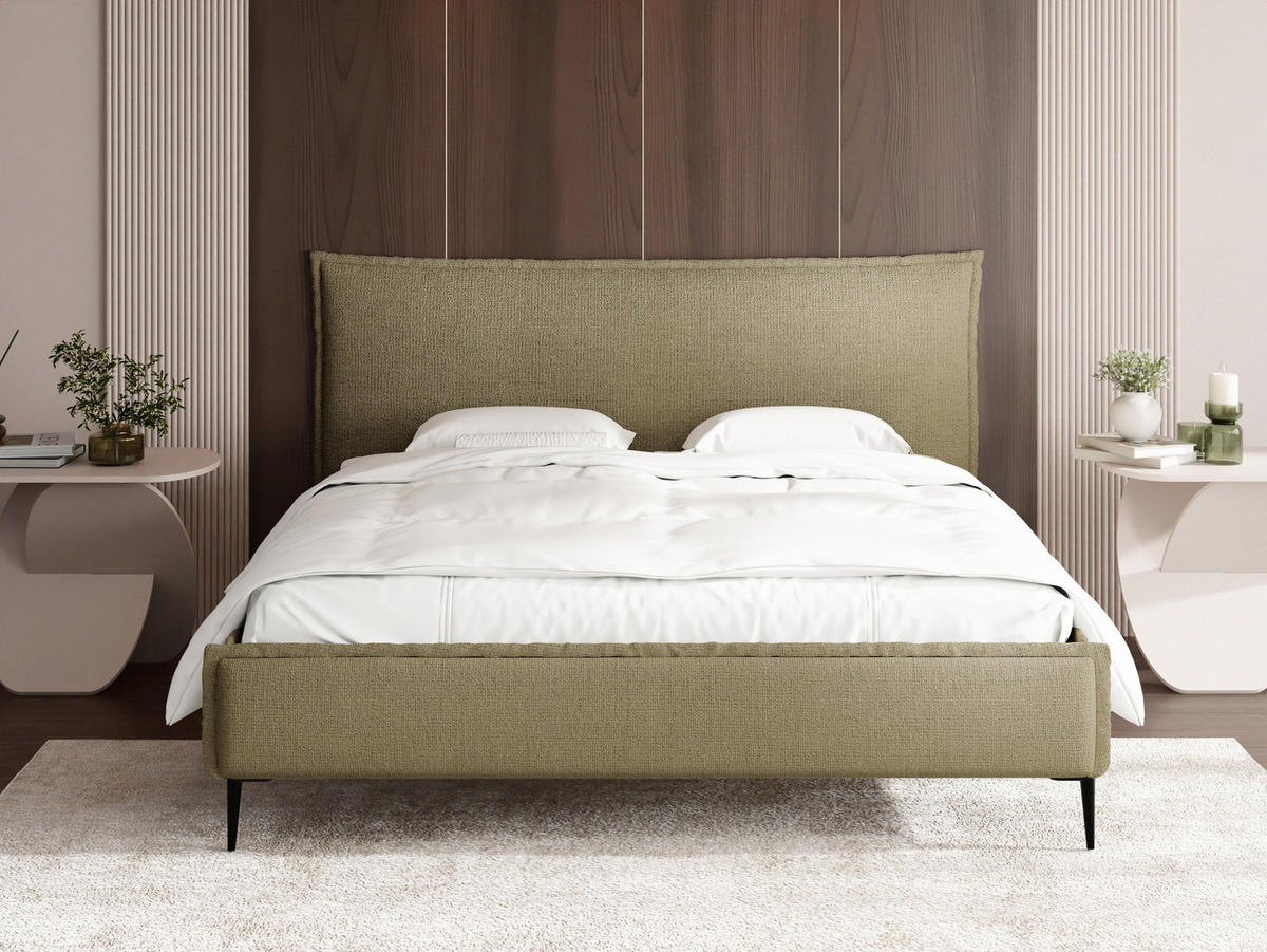 POLSTERBETT Pillow Rise mit Bettkasten, Lattenrost & hohen Metallfüßen in Hell-Olivgrün Chenille 120x200 cm - Birkefarben/Schwarz, Holz/Holzwerkstoff (120/200cm) - WFL GROUP