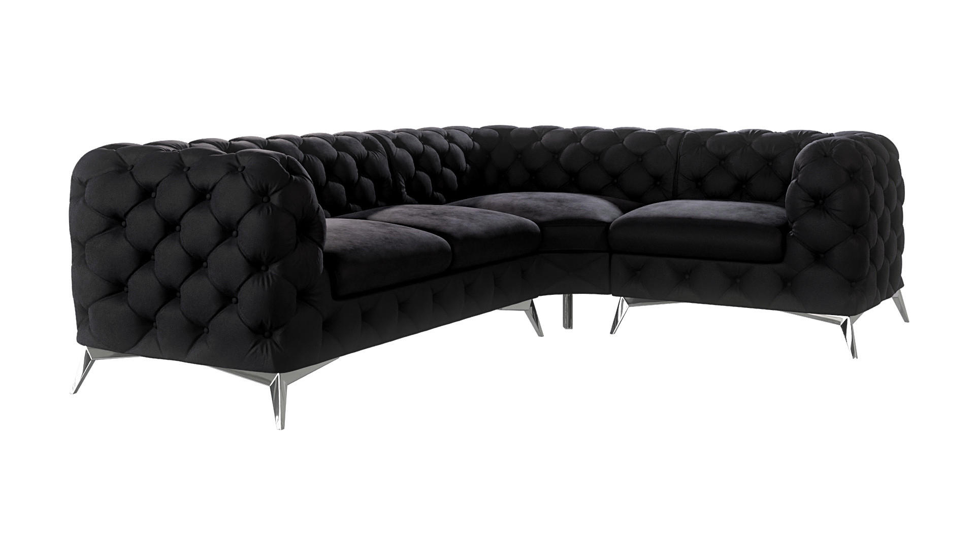 ECKSOFA Chesterfield Laura Schwarz Samt, Ottomane rechts - Silberfarben/Schwarz, Holz/Textil (264/204cm) - S-Style Möbel