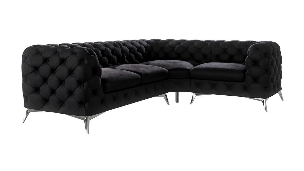 ECKSOFA Chesterfield Laura Schwarz Samt, Ottomane rechts - Silberfarben/Schwarz, Holz/Textil (264/204cm) - S-Style Möbel