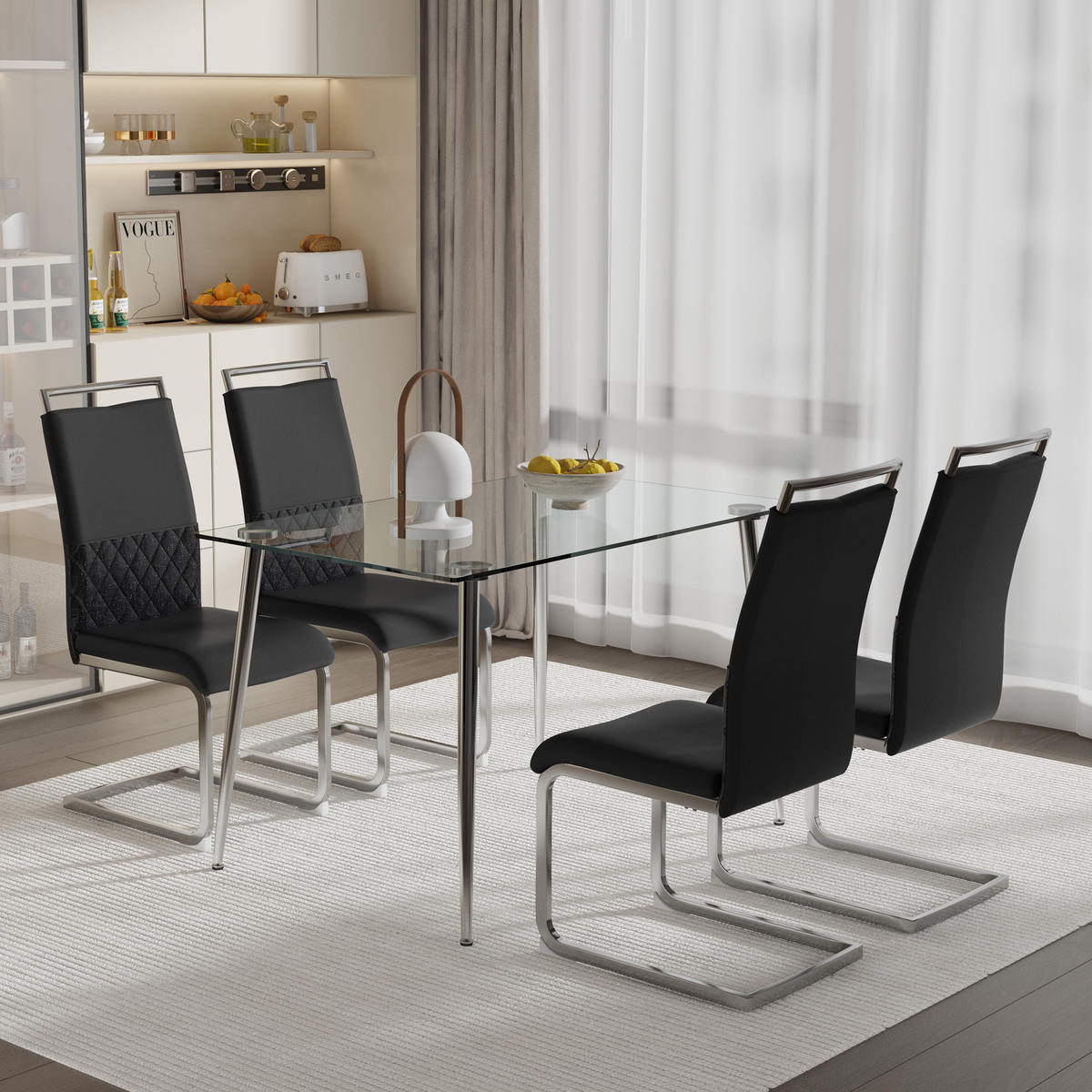 STUHL 4er Set mit ergonomischer Rückenlehne, Kunstleder & Leinen Bezug, 7 cm dicker Sitzpolsterung und Fußpolstern im modernen Design, schwarz - Schwarz, Metall (48/95/42cm) - Luhomfu