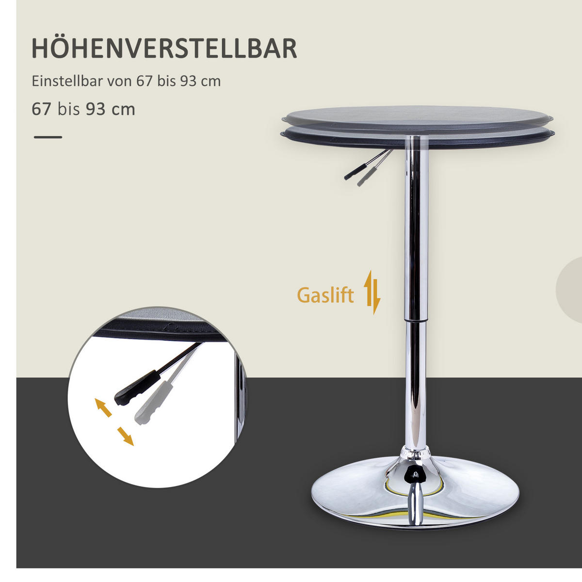 BAROVÝ stůl Ø63/67–93 cm, výškově nastavitelný, otočný 360°, s deskou z umělé kůže a chromovanou základnou, Černá - černá, kompozitní dřevo (63/63/93cm) - Redom