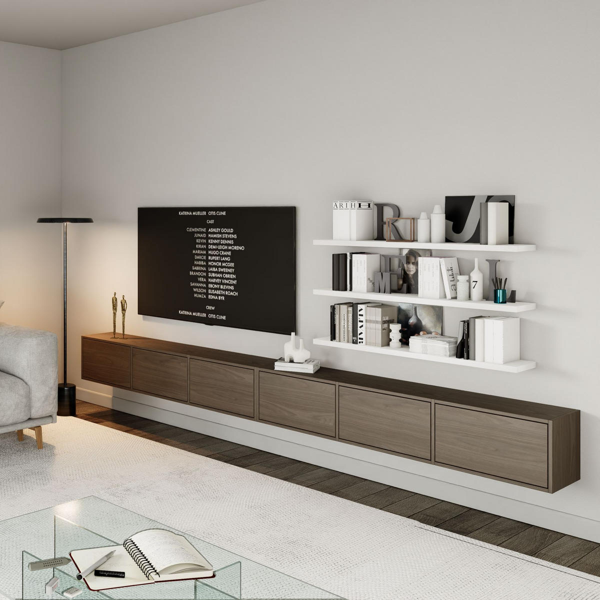 TV-LOWBOARD Framme hängend Walnussoptik Wisconsin 300 cm - Dunkelbraun, Holzwerkstoff (300.2/30/30cm) - Selsey