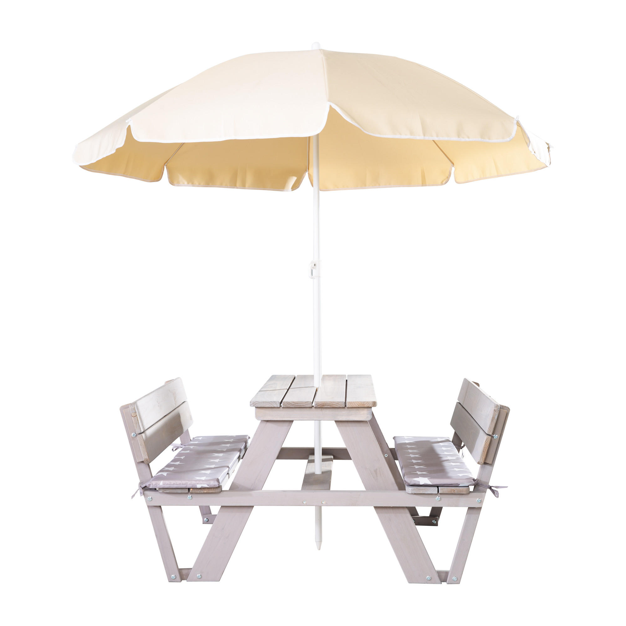 KINDERSITZGRUPPE PICKNICK for 4' Outdoor +, mit Lehne, mit Schirm Set - Hellgrau, Holz - Roba