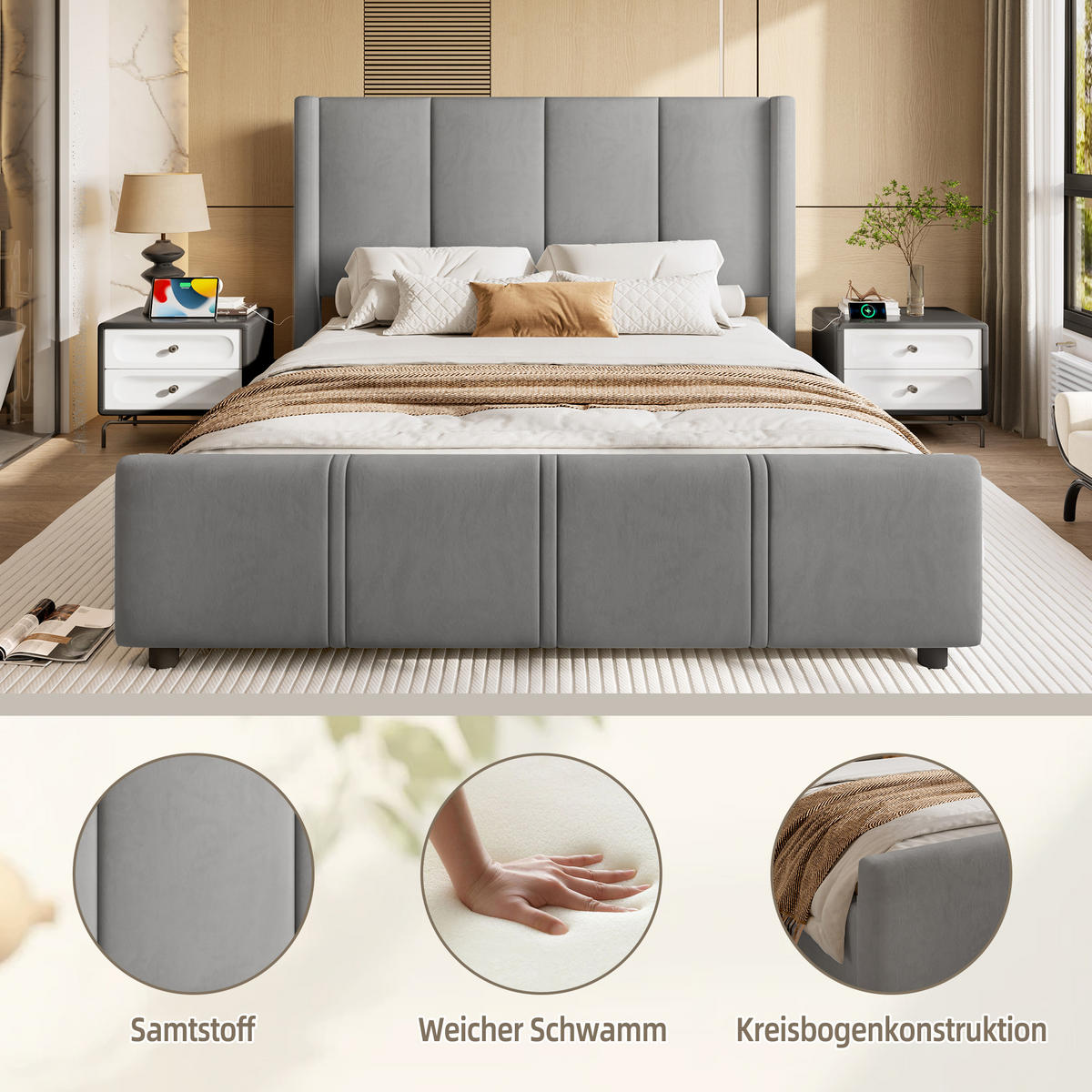 POLSTERBETT 140x190 cm USB grau - Dunkelgrau, Textil (140/190cm) - LEBENLANG