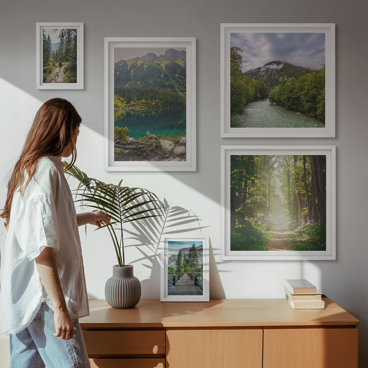 WANDBILDER 5er-Set - 50x50 cm & 20x30 cm & 40x60 cm Weißer Rahmen - Straße Wald Berge Hirsch Natur - Weiß, Kunststoff (40/60cm) - ArtPrintCave
